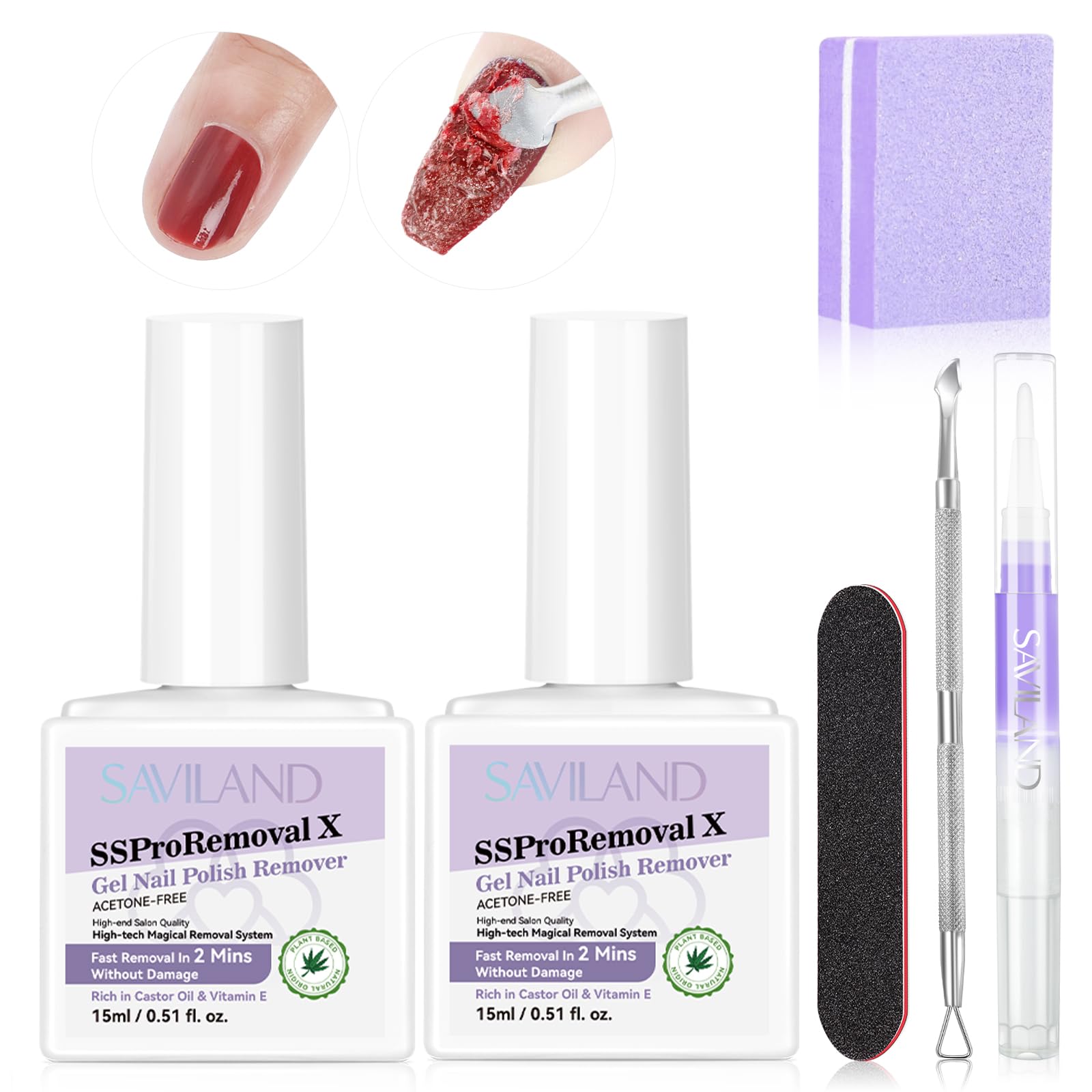 Saviland2X-Speed Gel Nail Polish Remover Kit: 2Pcs Non Acetone Gel Remover Fast Removal in 2 Mins Castor Oil VE Gel Nail Remover for Acrylic Dip Nails with Complete Removal Tools Home SSProRemoval X