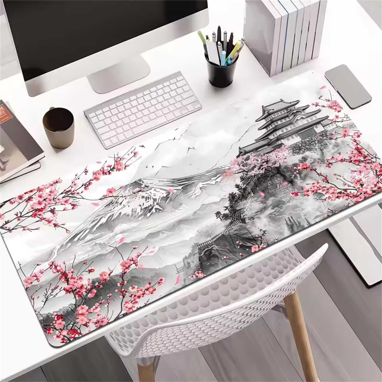 Podkładka na biurko, Landscape Pink Flowers Mat with Stitched Edges,Non-Slip Base Keyboard Mousepad for Home Office Gaming Work(2mm,700x400x2mm)