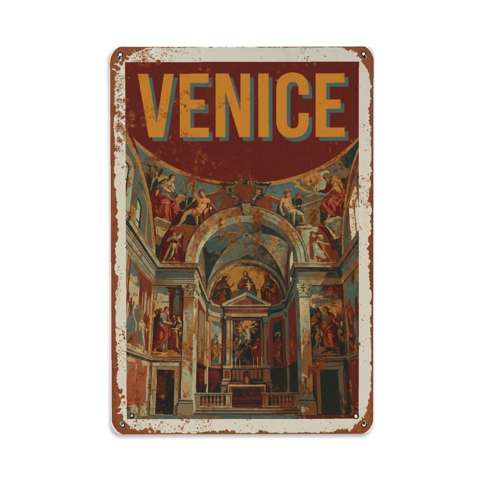 Vintage Travel Venice San Sebastiano Church Veronese Paintings Rusted Italy Metal Tin Sign Plaque Wall Decor for Cafe, Club Bar, Office, Home Garden Metal Poster 8x12Inch