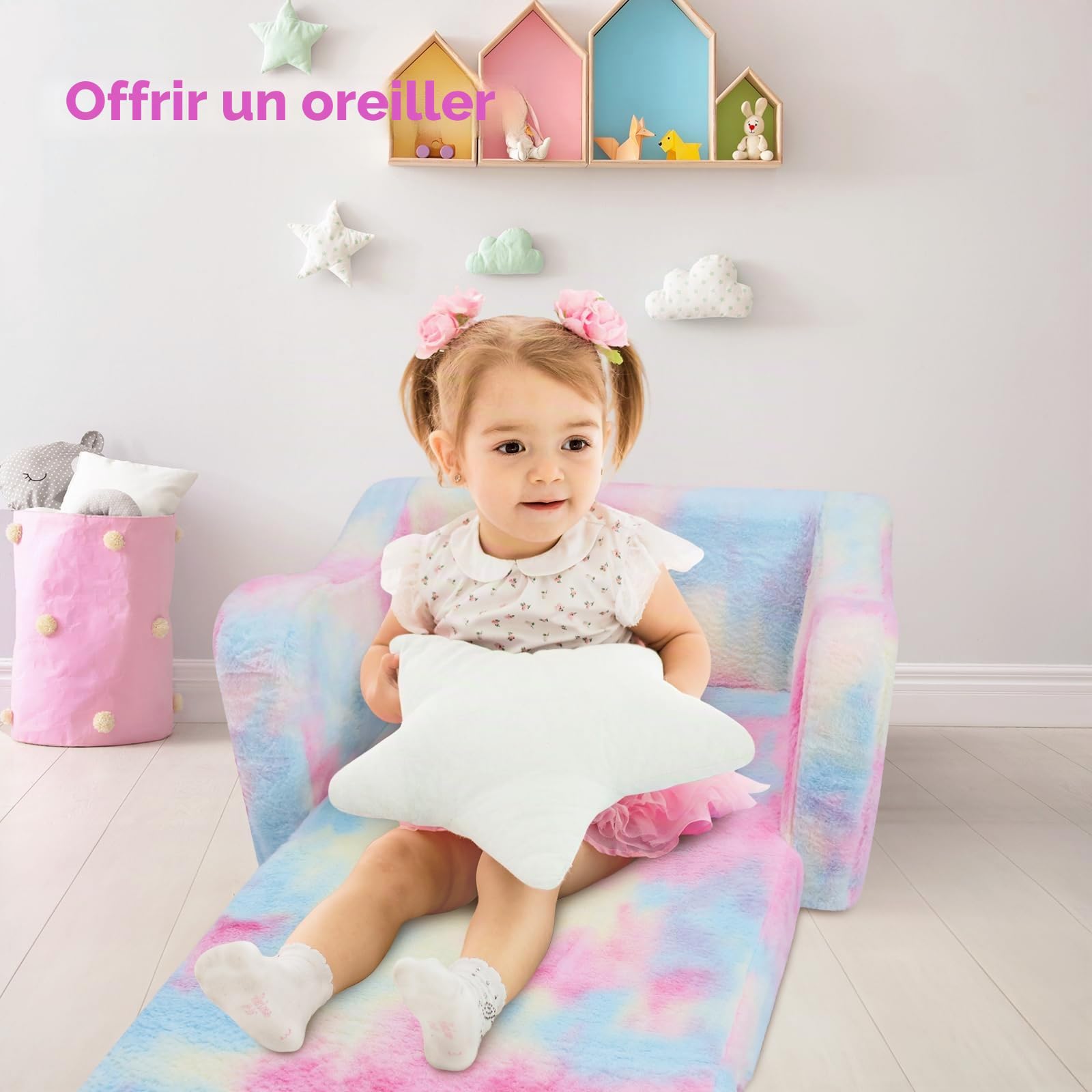Canapé Pliant pour Enfants avec Oreiller en Forme d'étoile Canapé-Lit Convertible 2 en 1,Fauteuil Stable pour Fille Bébés avec Poche, Canapé Chaise Confortable pour Chambre à Coucher Salon,Rose