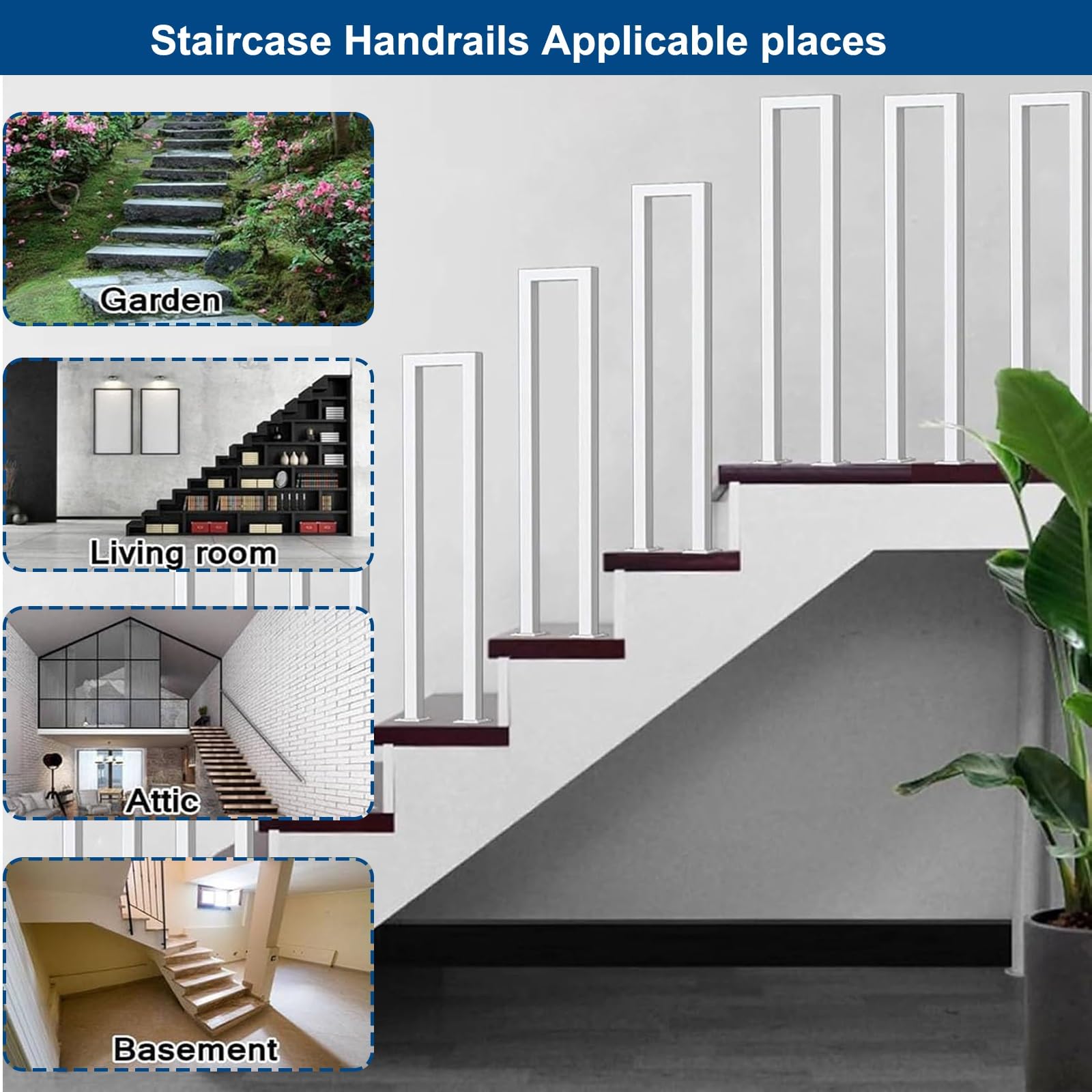 White U-Shaped Stair Handrail – 45cm/1.4ft Wrought Iron Indoor Stair Railing, Square Design
