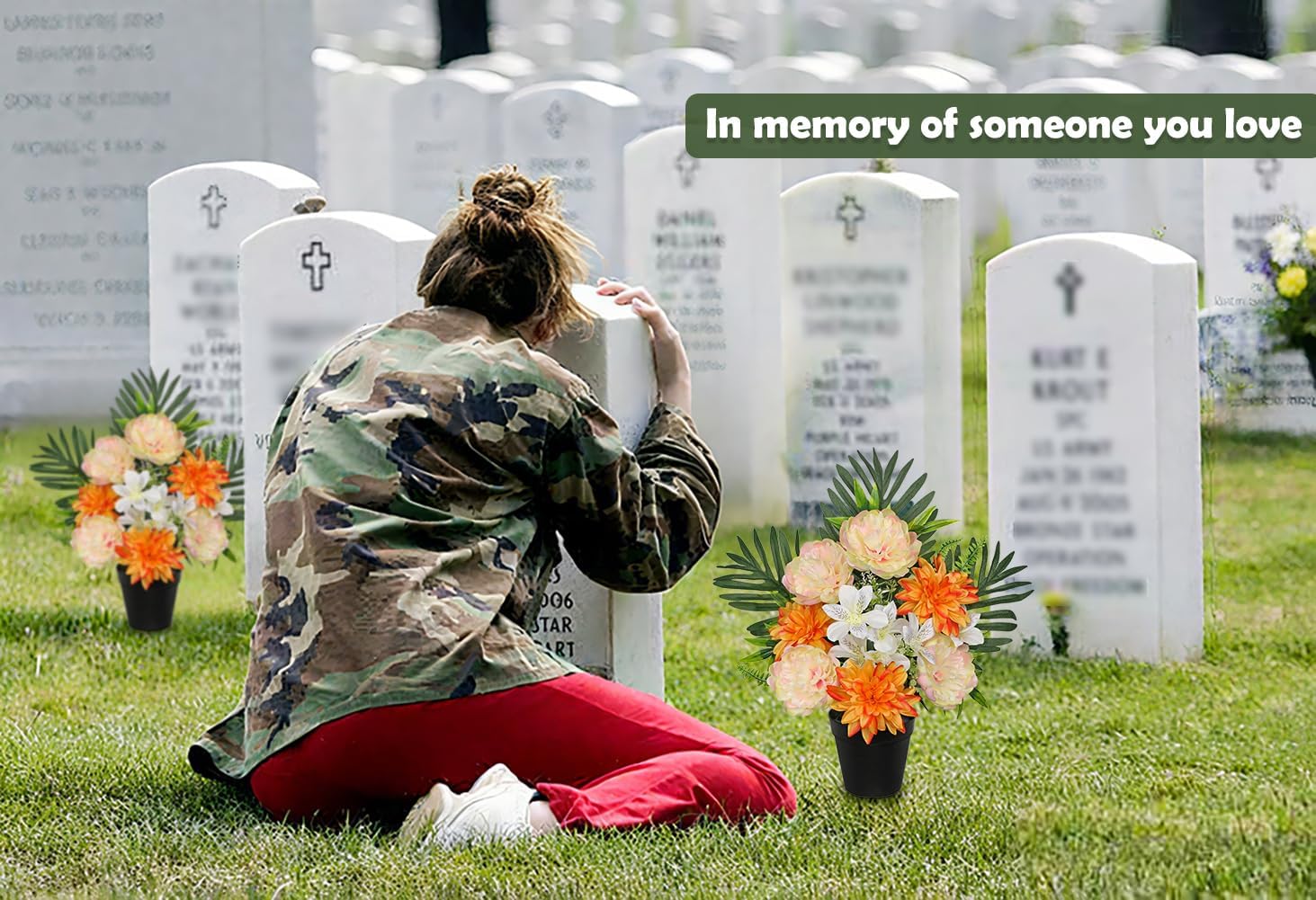 Artificial Cemetery Flowers in Pot Funeral Flowers Arrangements 18.8in Silk Orange Potted Peony Dahlia Memorial Flower for Grave Cemetery Headstones Outdoor Decoration