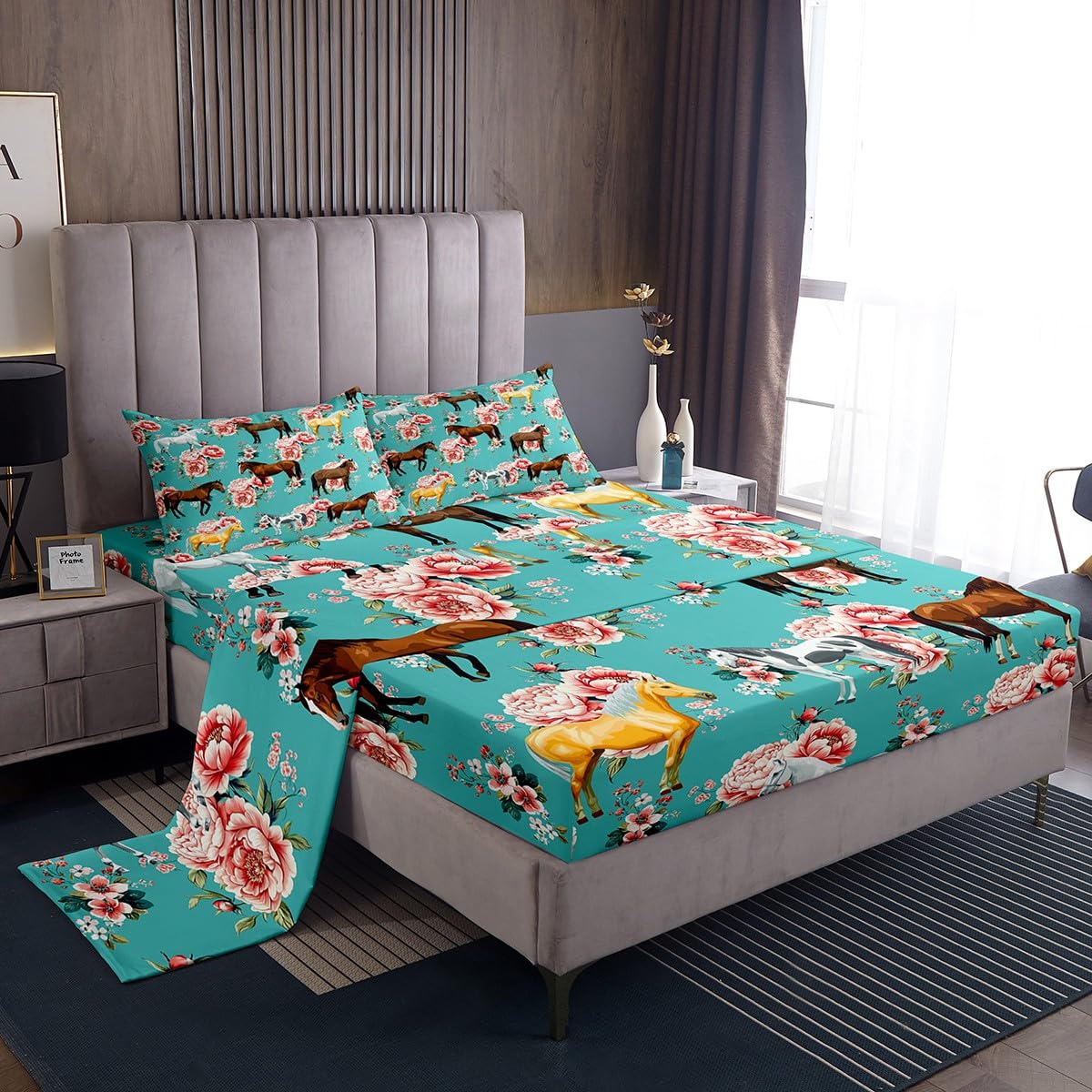 Erosebridal Girls Horse Bed Sheets Full Size Pink Flower Sheet Set for Kids, Girls, Bedroom Decor, Farm Animal, Gift, Cowboy, Cowgirl, Fitted, Flat