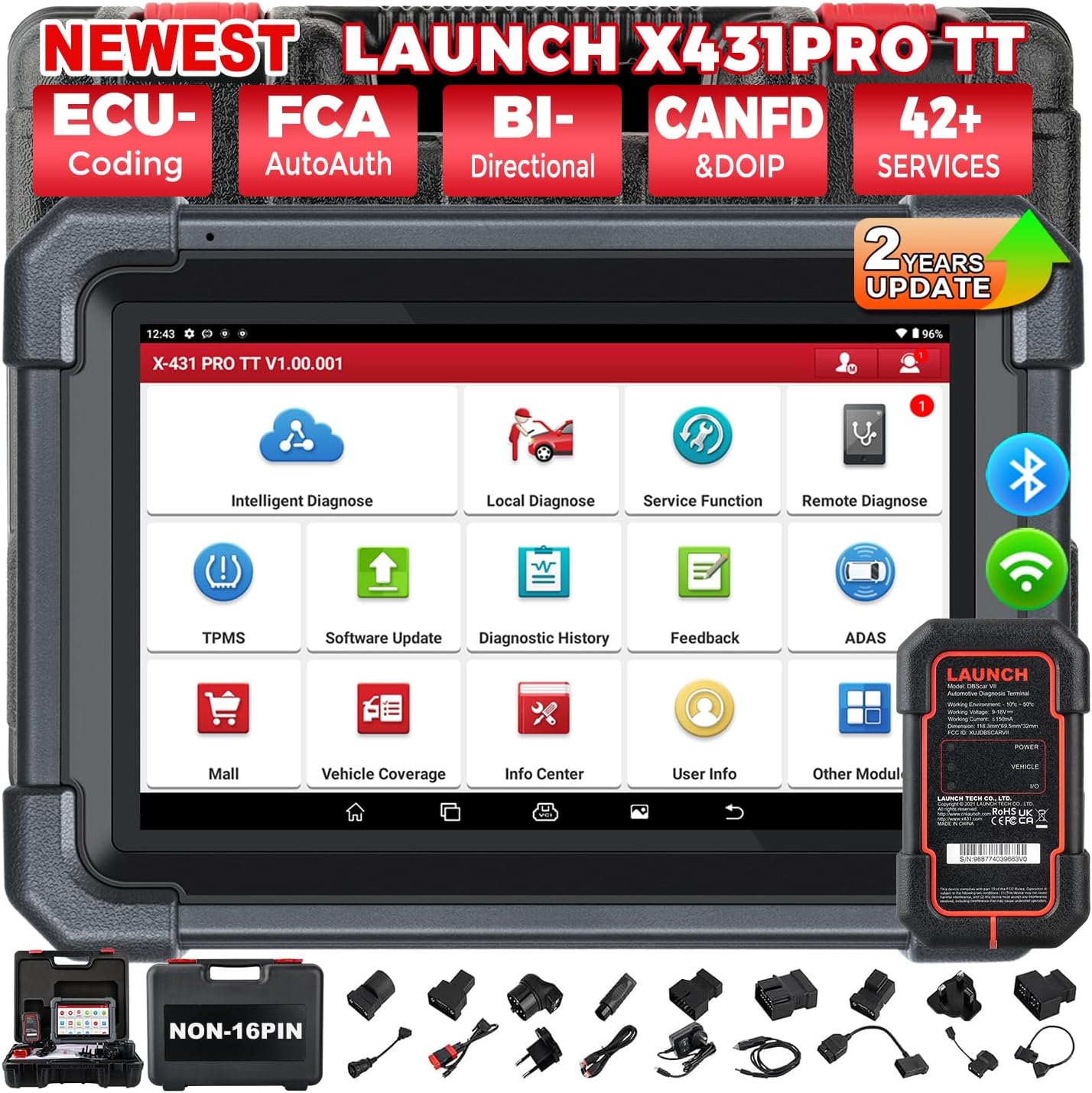 Launch X431 Pro TT Elite Valise Diagnostic Auto Diagnostic de Tous Les systèmes avec DBSCar VII Connecteur, Bi-directionnel, 38+ Réinitialisation, Codage ECU, CANFD&DOIP, FCA, Guide V.A.G.Diagnostic