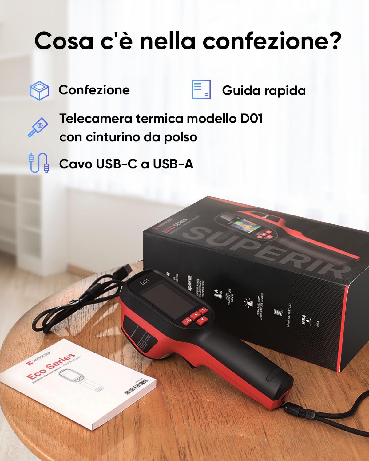 Termocamera HIKMICRO D01, 240x240 SuperIR, 96x96 IR nativo | 11 ore di autonomia con batteria da 3350 mAh, 4 GB, video, IP54, utensili per casa, HVAC ed elettrici