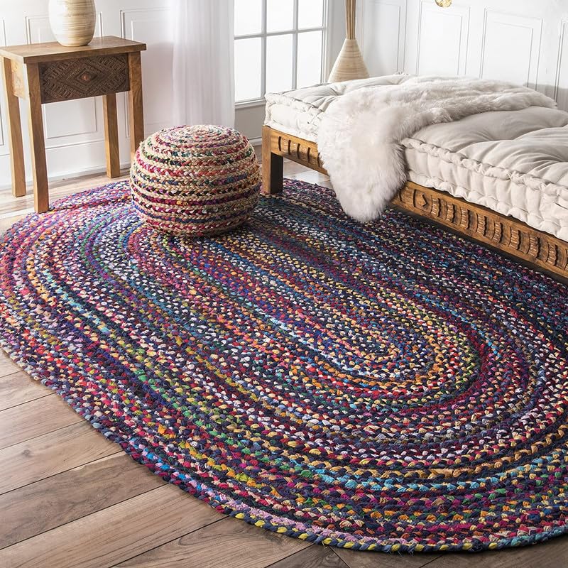 Tapis ovale en coton et jute fait à la main – Décoration rustique bohème – Tapis durable et respectueux de l'environnement et respectueux des animaux domestiques pour salon, chambre à
