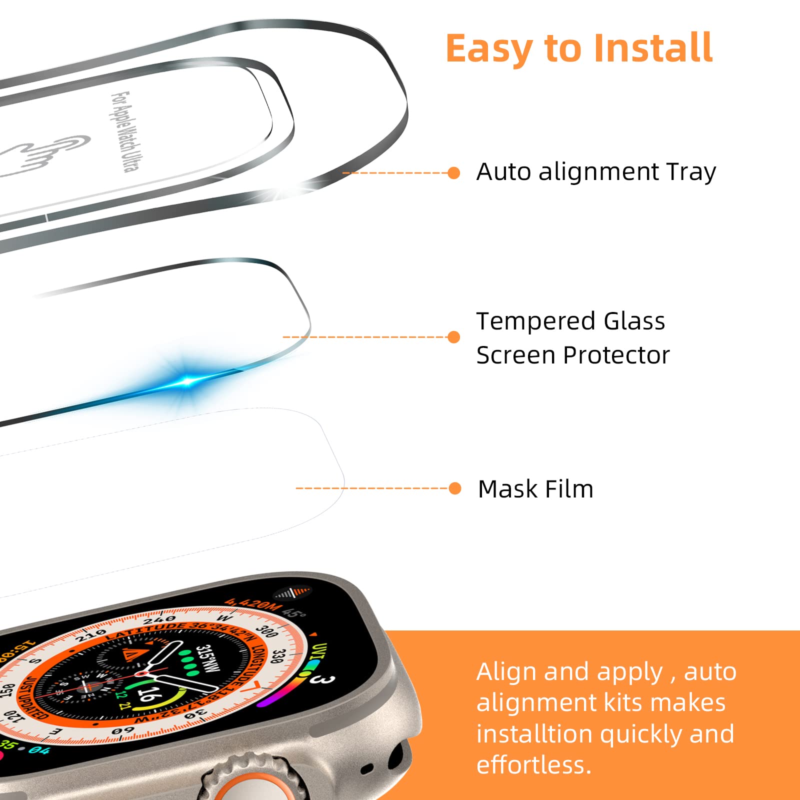 Pellicola proteggi schermo compatibile con Apple Watch 49 mm 45 mm, in vetro temperato con kit di installazione facile per iWatch Ultra 49 mm serie 8/7 45 mm, senza bolle, copertura completa