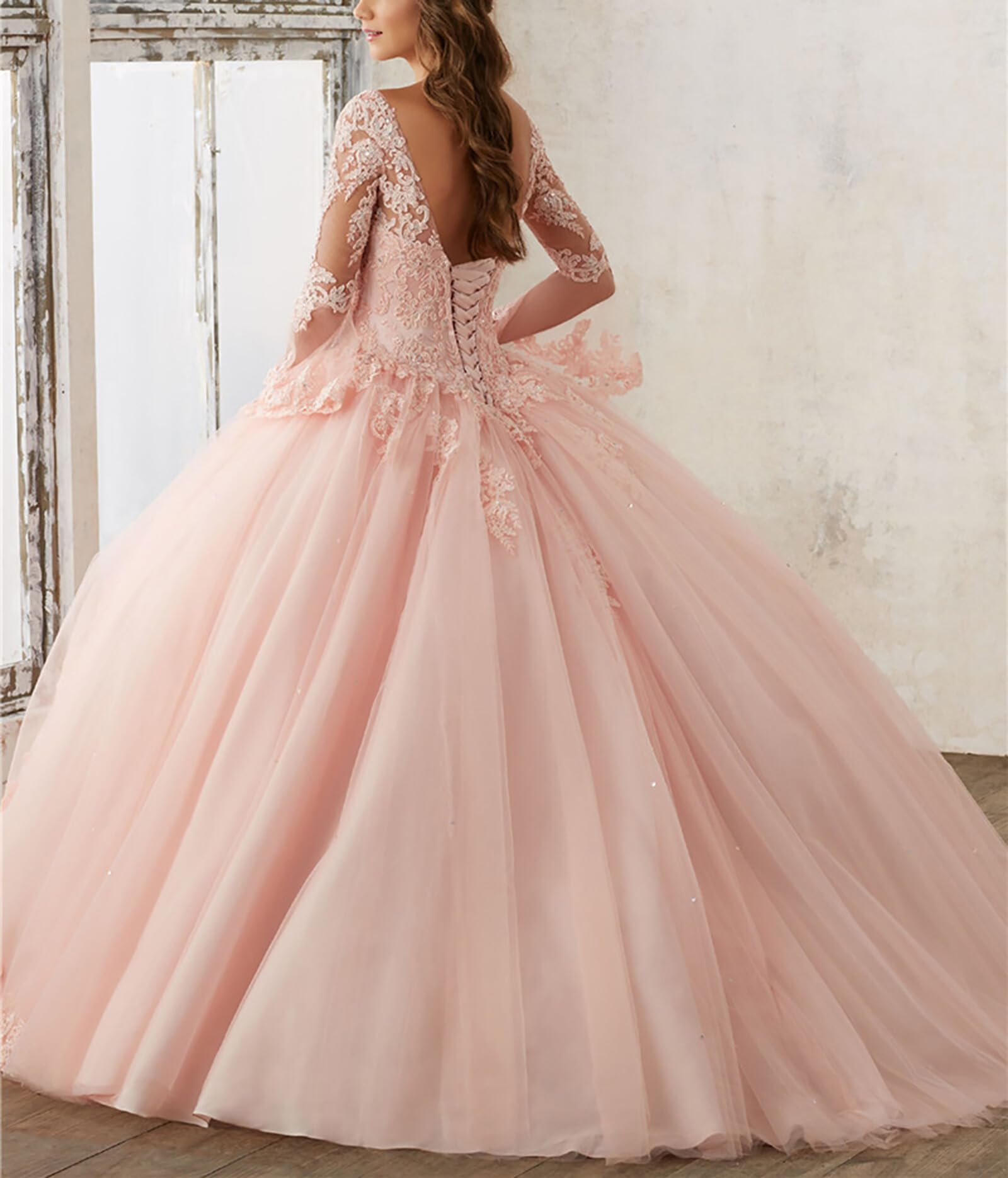 HUINI Ballkleider Lang Spitze Brautkleider Langarm Quinceanera Kleider V-Ausschnitt Prinzessin Hochzeitskleider