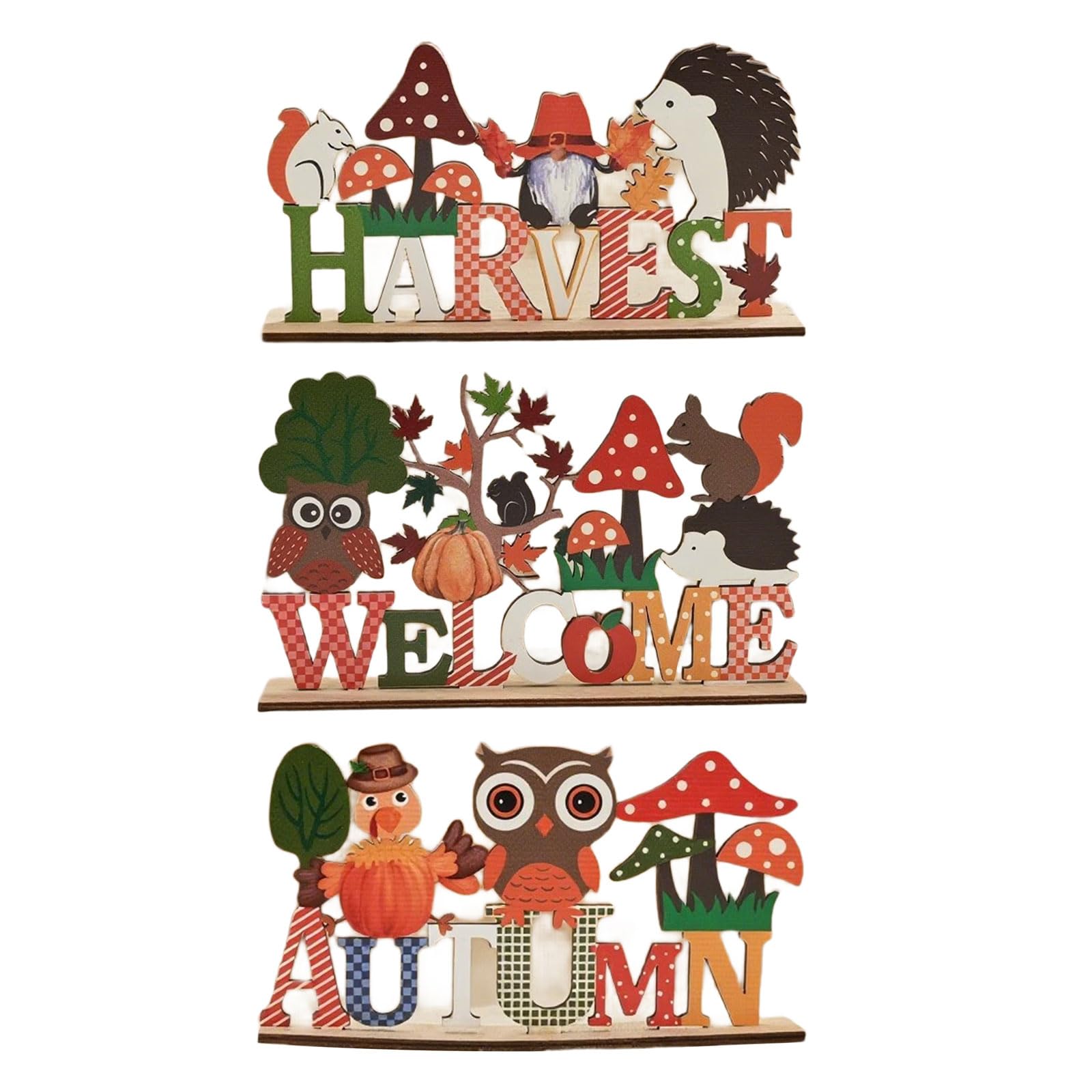 ordinarYone 3Pcs Thanksgiving Wood Table Sign Decors Set With Farmhouses Tree Letter Hedgehogs Squirrels For Harvest Tabletop Displa