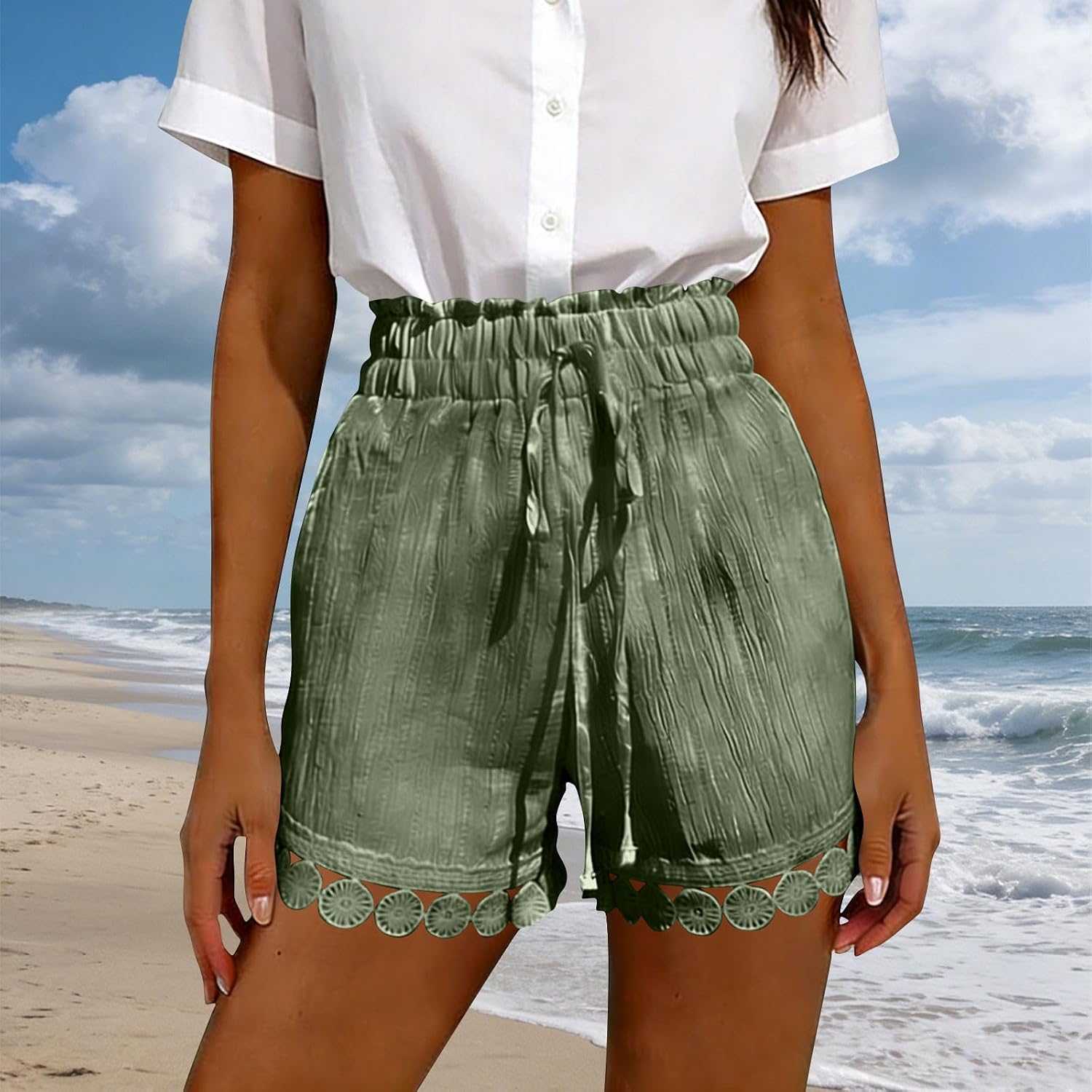 Womens Drawstring Shorts Elastic Waist Lace Boho Beach Shorts Summer Casual Beach Short Pants with Pockets