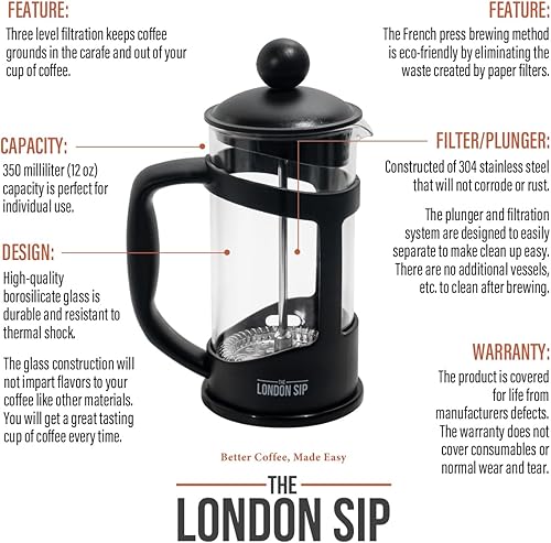 Miniatura 5 de Cafetera de inmersión de prensa francesa con sistema de filtro de acero inoxidable, 12 onzas, color negro