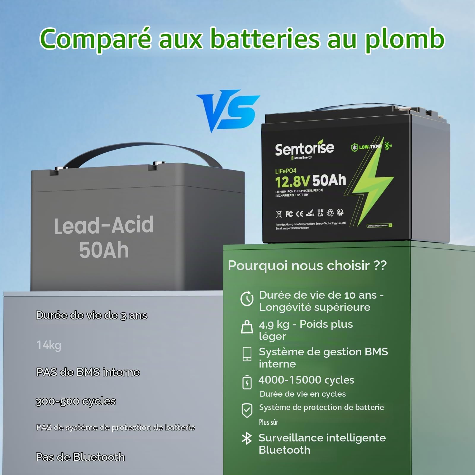 Batterie LiFePO4 12.8V 50Ah 640Wh Batterie à décharge profonde avec BMS 50A, protection basse température Remplacement léger pour camping‑car, marine, bateau, solaire, camping