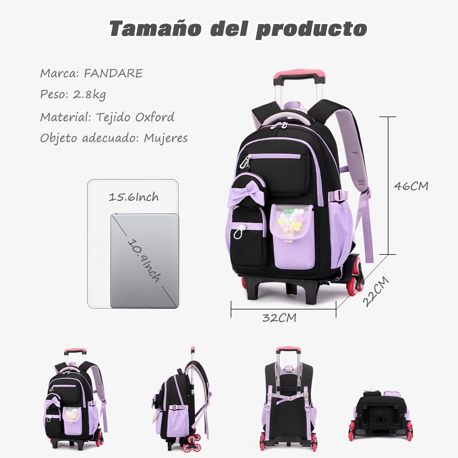FANDARE 35L Mochila con Ruedas 2 en 1 Mochila Carrito Universitaria Compartimento Ordenador 15.6 Pulgadas Ruedas Tejido Oxford Impermeable Ideal para Colegio Viaje Blanco