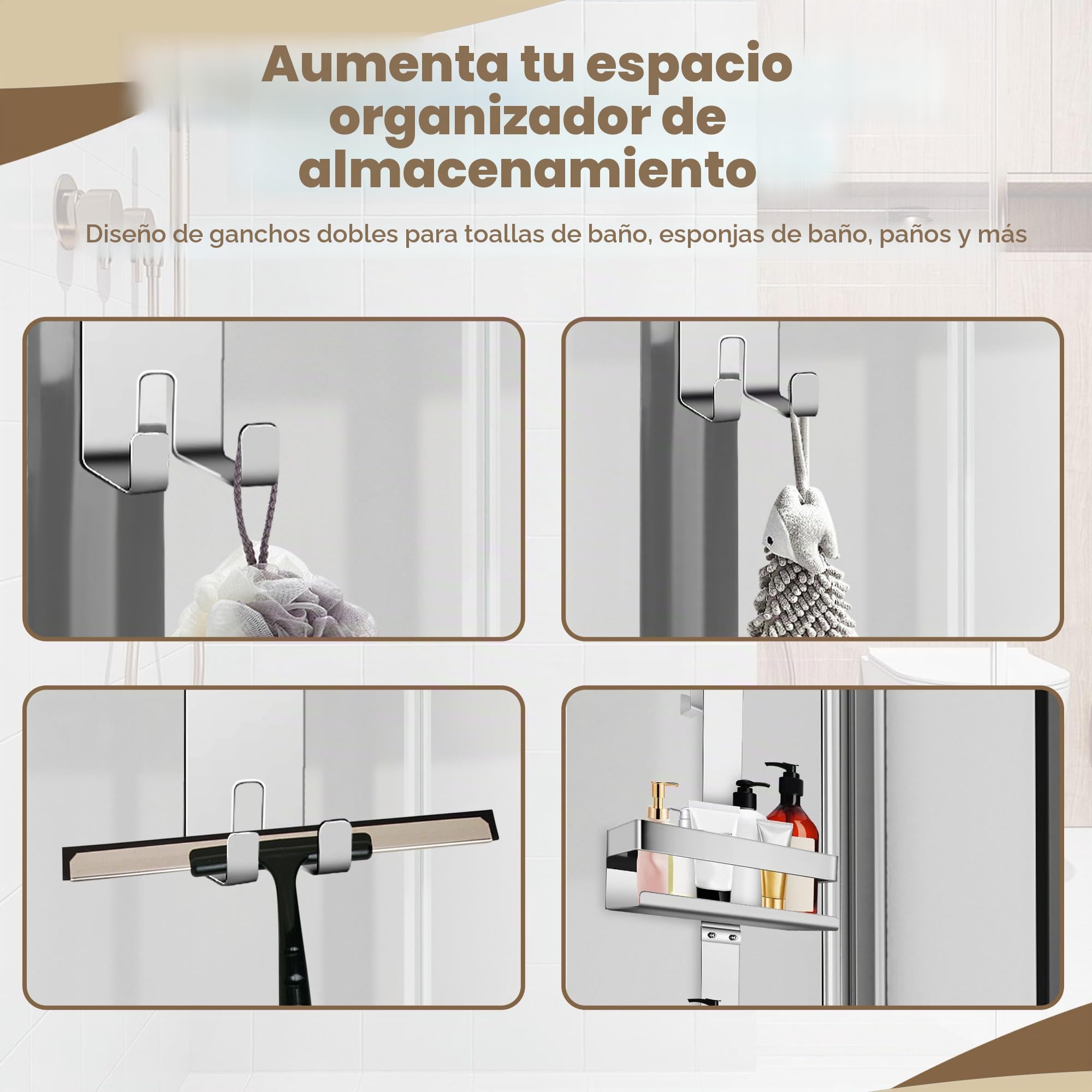 Estante de Ducha Sobre Puerta, Acero Inoxidable, Doble | Sin Perforación con Gancho de Ventosa, Doble Capa, Para Baño