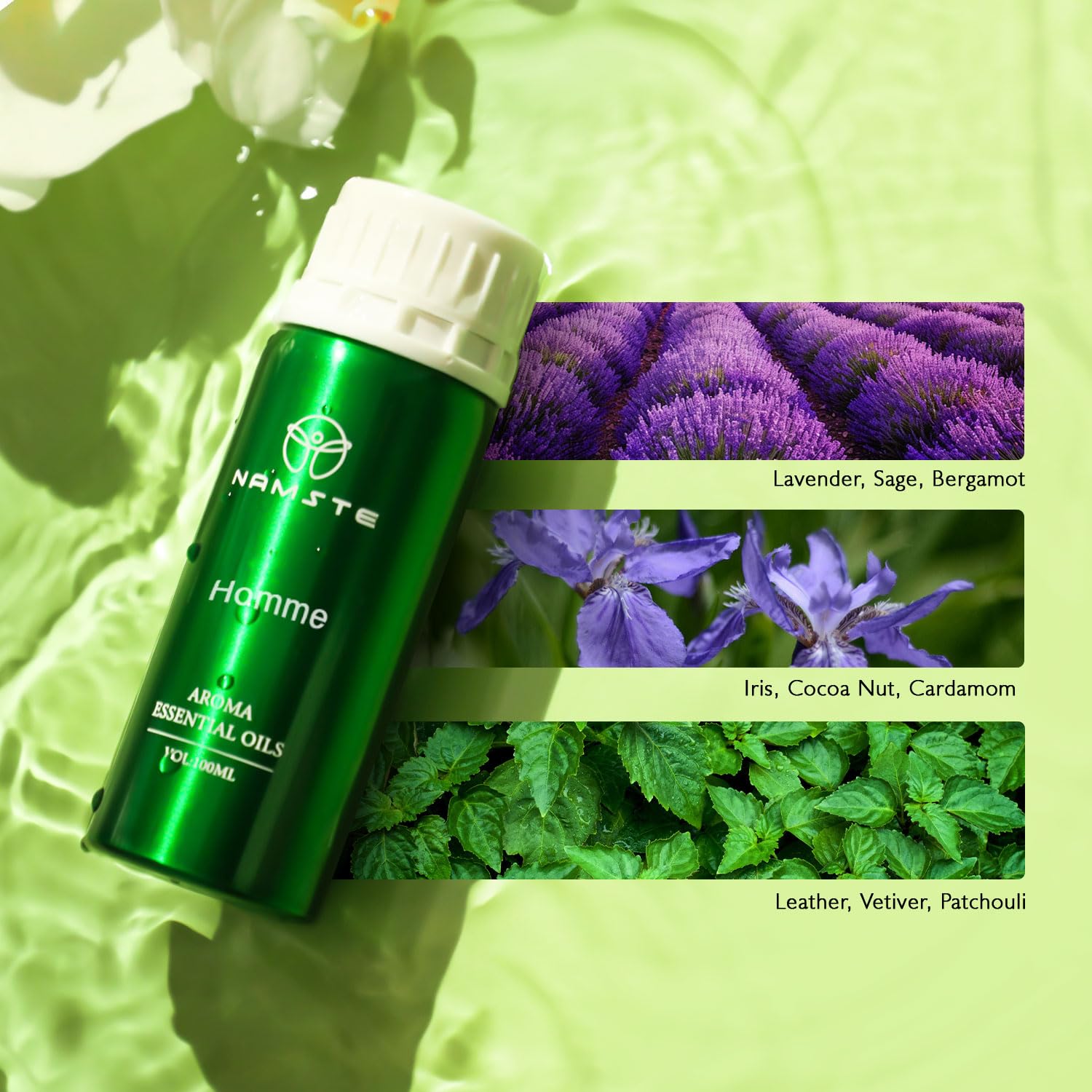 Namste Men 3.38 Fl Oz Essential Oil, Essential Oils for Diffusers for Home - Lavender,Vetiver,Sage, Cocoa, Leather Scent,Long-Lasting Aromatherapy for Spa, Office & Home Humidifiers