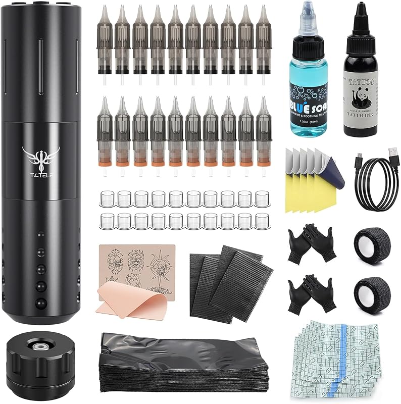 TATELF Vezeték Nélküli Tetoválógép Szett - 1800 mAh Akkumulátor, 20 Tűpatron, 100 Gépvédő, Gyakorlóbőr