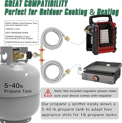 Miniatura 3 de Manguera adaptadora de propano de 2 vías mejorada de 5 pies, manguera divisora en Y trenzada de acero inoxidable, convertidor de 1 lb a 20 lb con