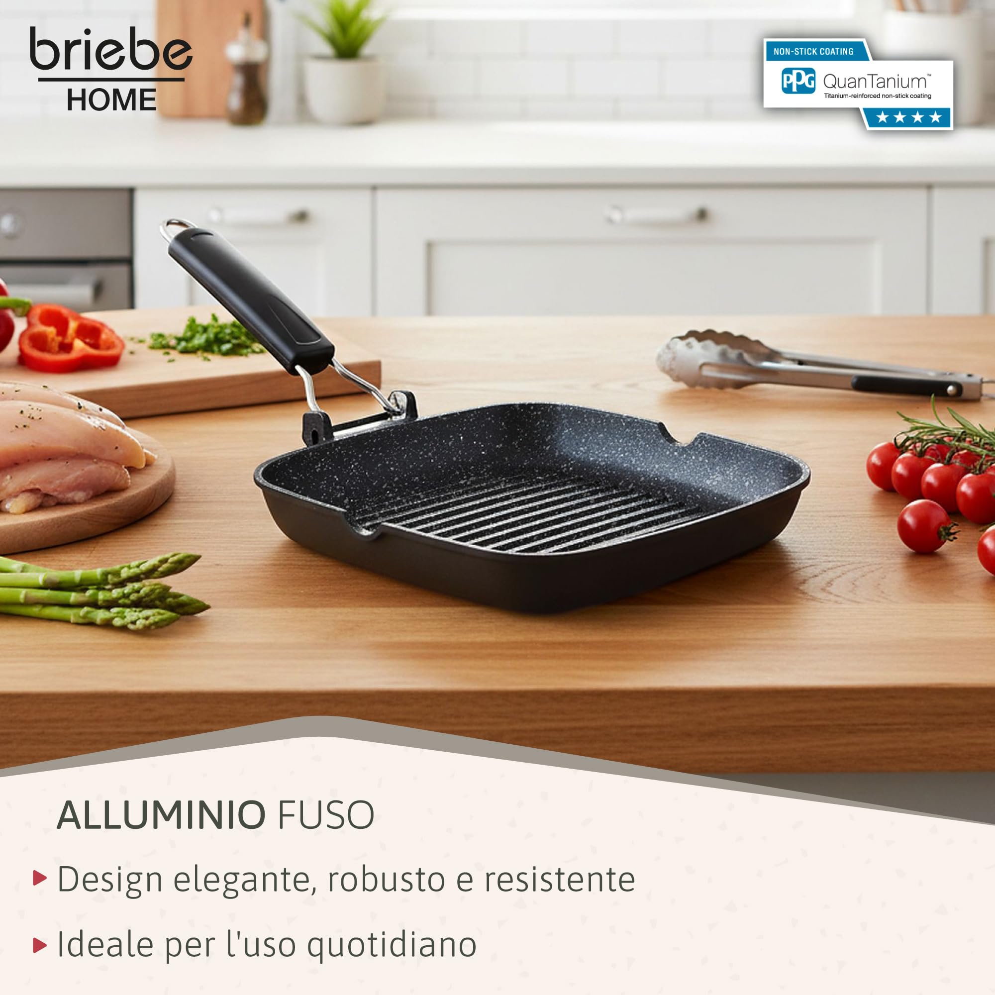 briebe Black Titanium Grill Steakhouse Strisce, Induzione, Antiaderente Titanio, Padella Ferro da stiro, 24 x 24 cm, Alluminio pressofuso senza PFOA, Manico pieghevole, adatto piano cottura, gas