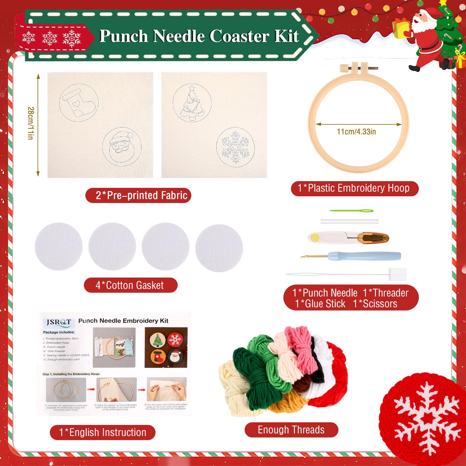 JSRQT 4 Pcs Punch Needle Kit Coasters di Natalizi, Kit per Principianti Punto Croce Fatto a Mano Adulti Bambini, Set di Aghi Punzonatura Ricamo con Strumenti, per Decorazioni Natalizi