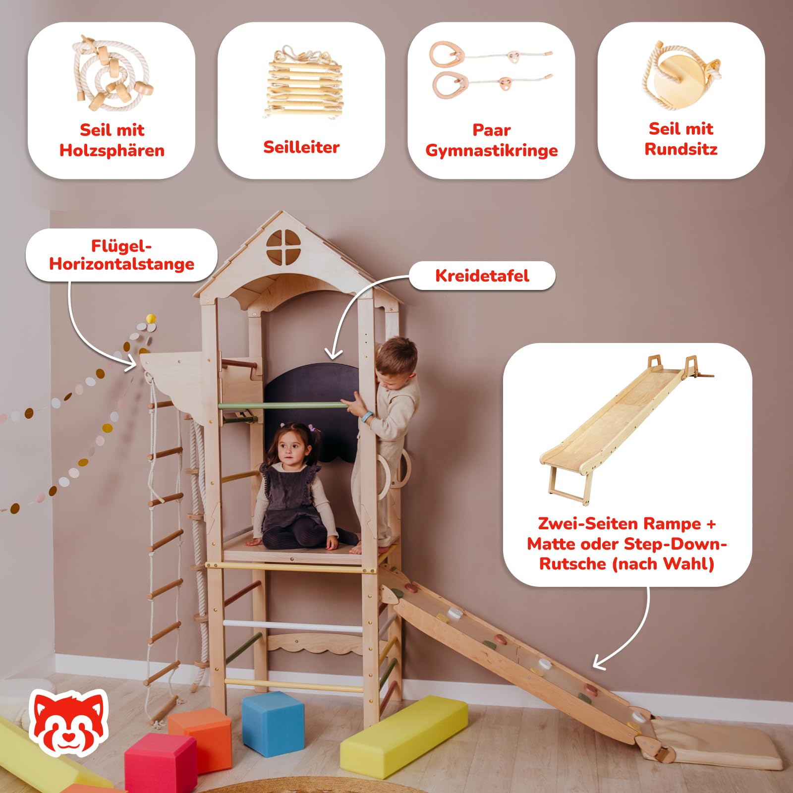 Wood And Hearts Indoor Klettergerüst aus Holz – Kinder Jungle Gym für Zuhause 3–8 Jahre, Mini Kletterturm, Kinderturngerät