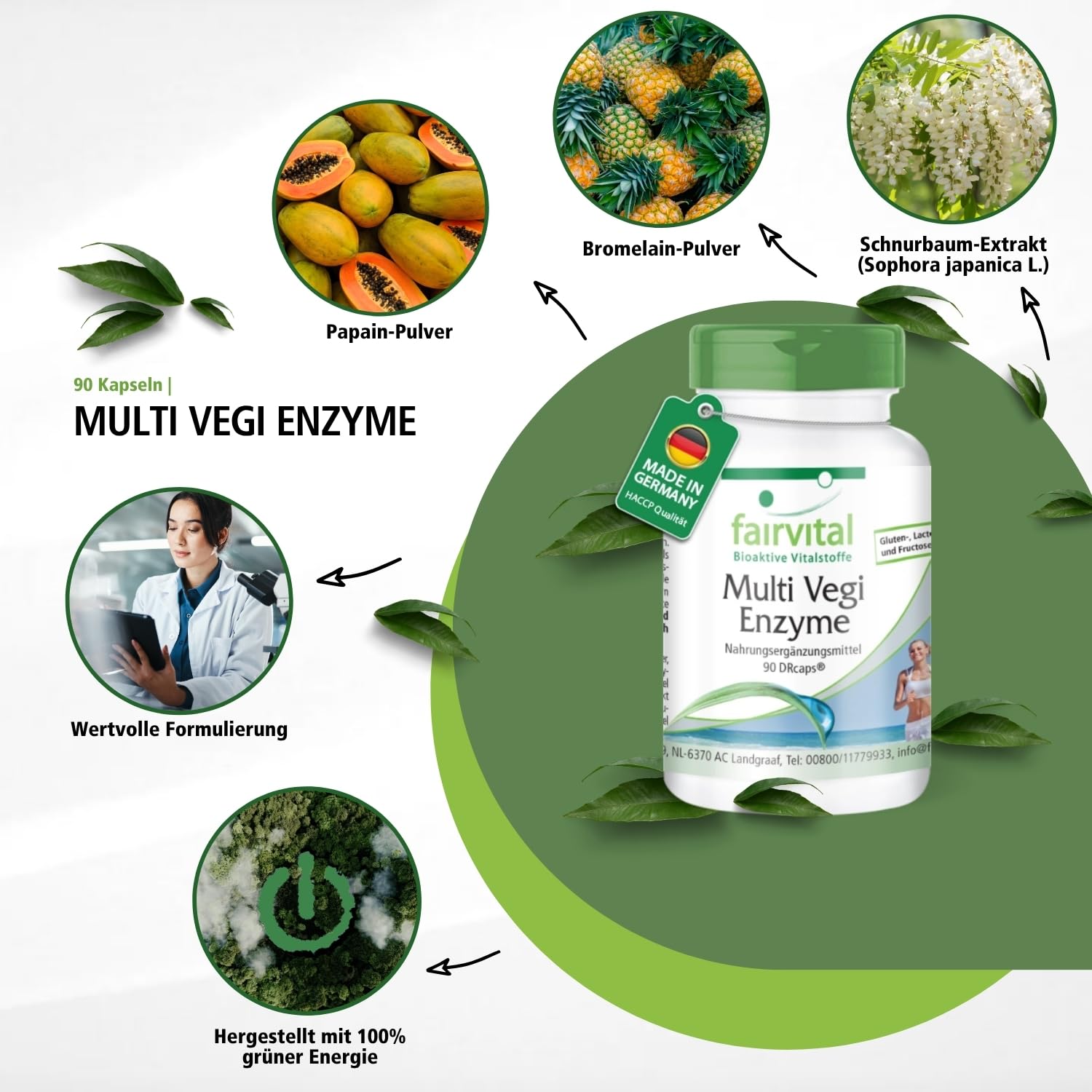 fairvital Multi Vegi Enzyme, 90 Kapseln, 100% pflanzlicher Enzymkomplex mit Bromelain + Papain + Amylase + Lipase + Lipase + Protease + Rutin, für eine zeitverzögerte Freisetzung