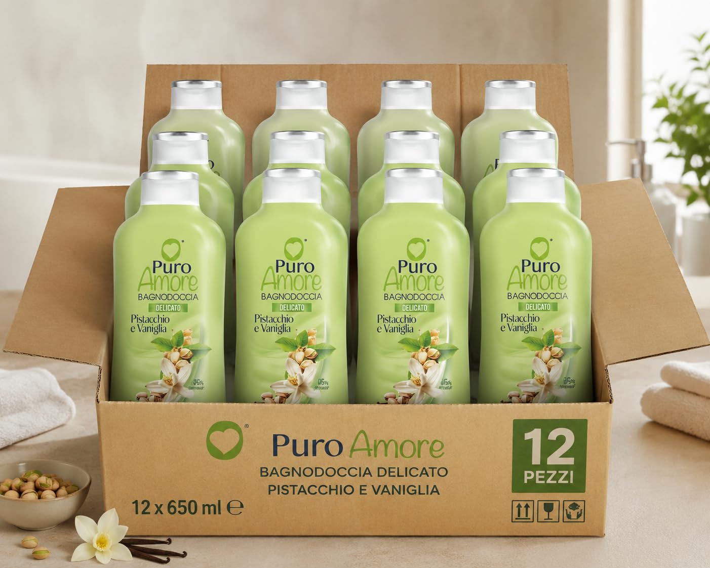 Bagnodoccia Delicato Pistacchio e Vaniglia 650 ml, Profumazione Dolce e Avvolgente, 95% Ingredienti di Origine Naturale, Made in Italy, Varianti 3 Pezzi 6 Pezzi 12 Pezzi (12 x 650 ml)