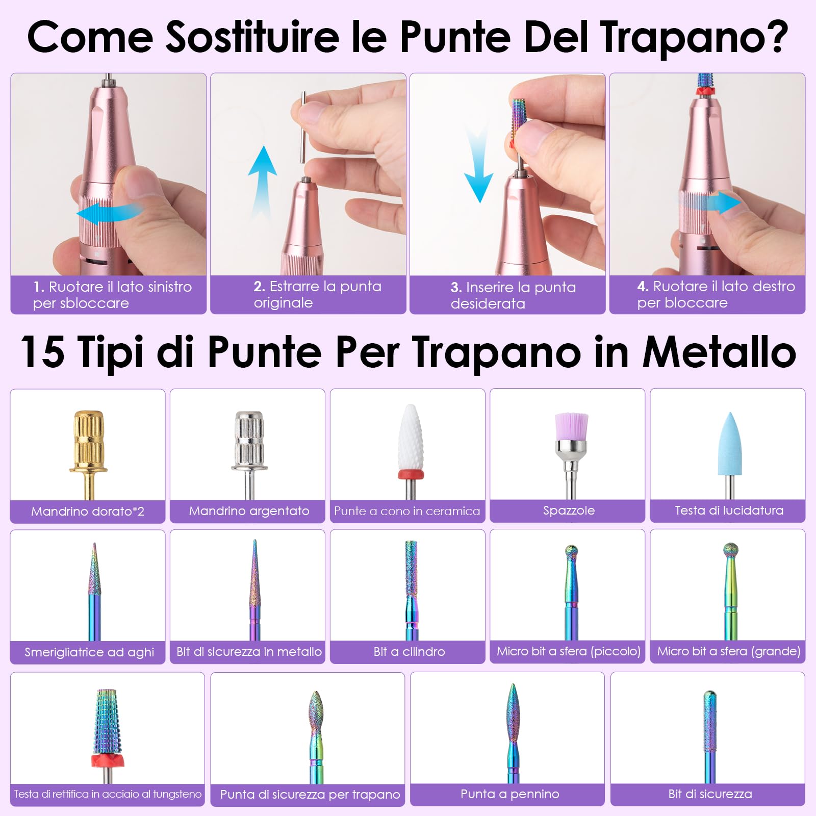 HOMEASY Fresa Elettrica per Unghie Professionale Set Portatile Multifunzione con 16 Testine in Metallo e Ceramica Ricaricabile Display LCD Intelligente per Manicure e Pedicure Viola Rosa