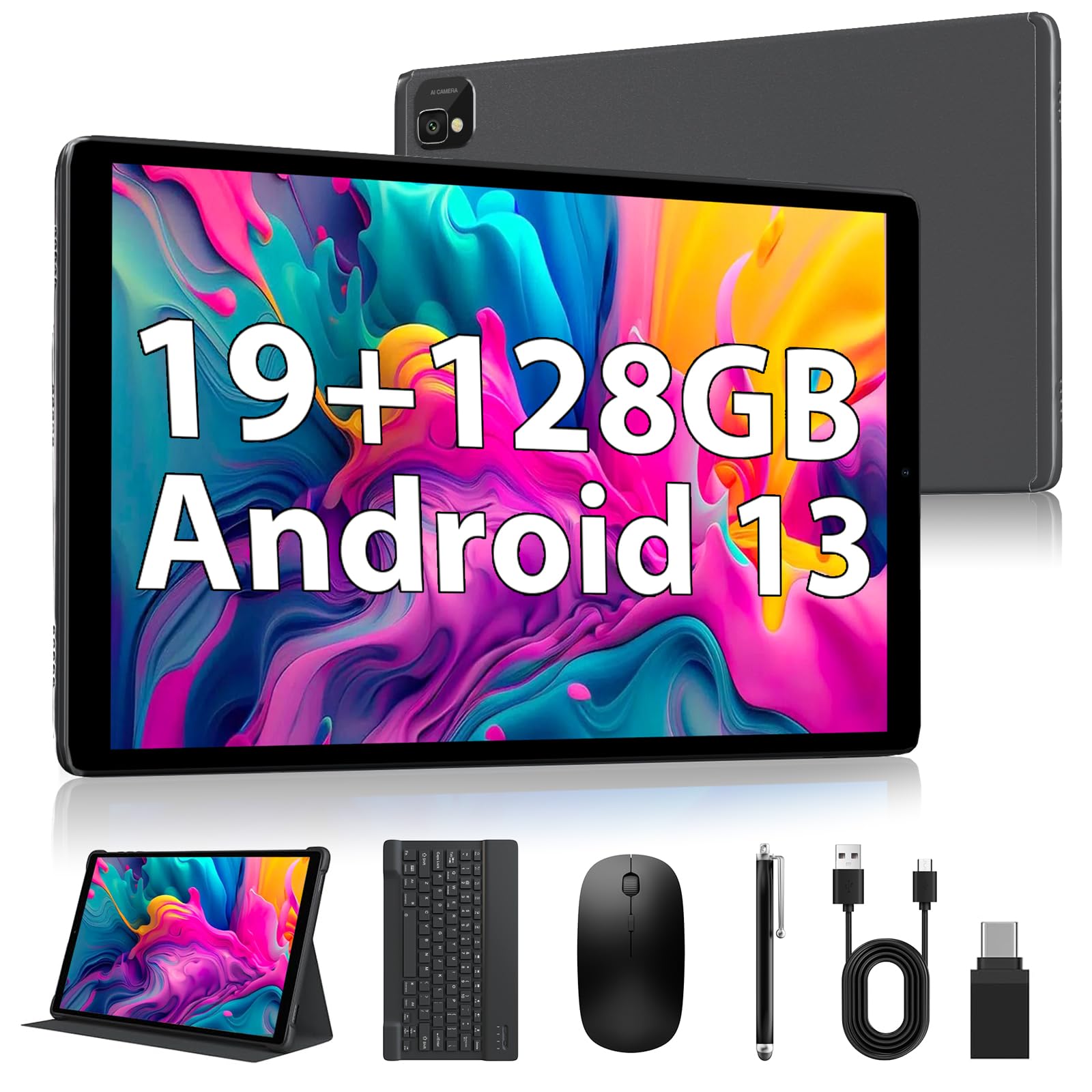 POWMUS2025 Android 13 Tablets,10.1-inch Tablet with 128GB ROM,19GB RAM,1TB Expand, 2.0GHz CPU, 1920 * 1200 Incell Screen, 8000mAh, 8+13MP WiFi BT5.0 GPS Android Tablet with Keyboard and Mouse - Gray