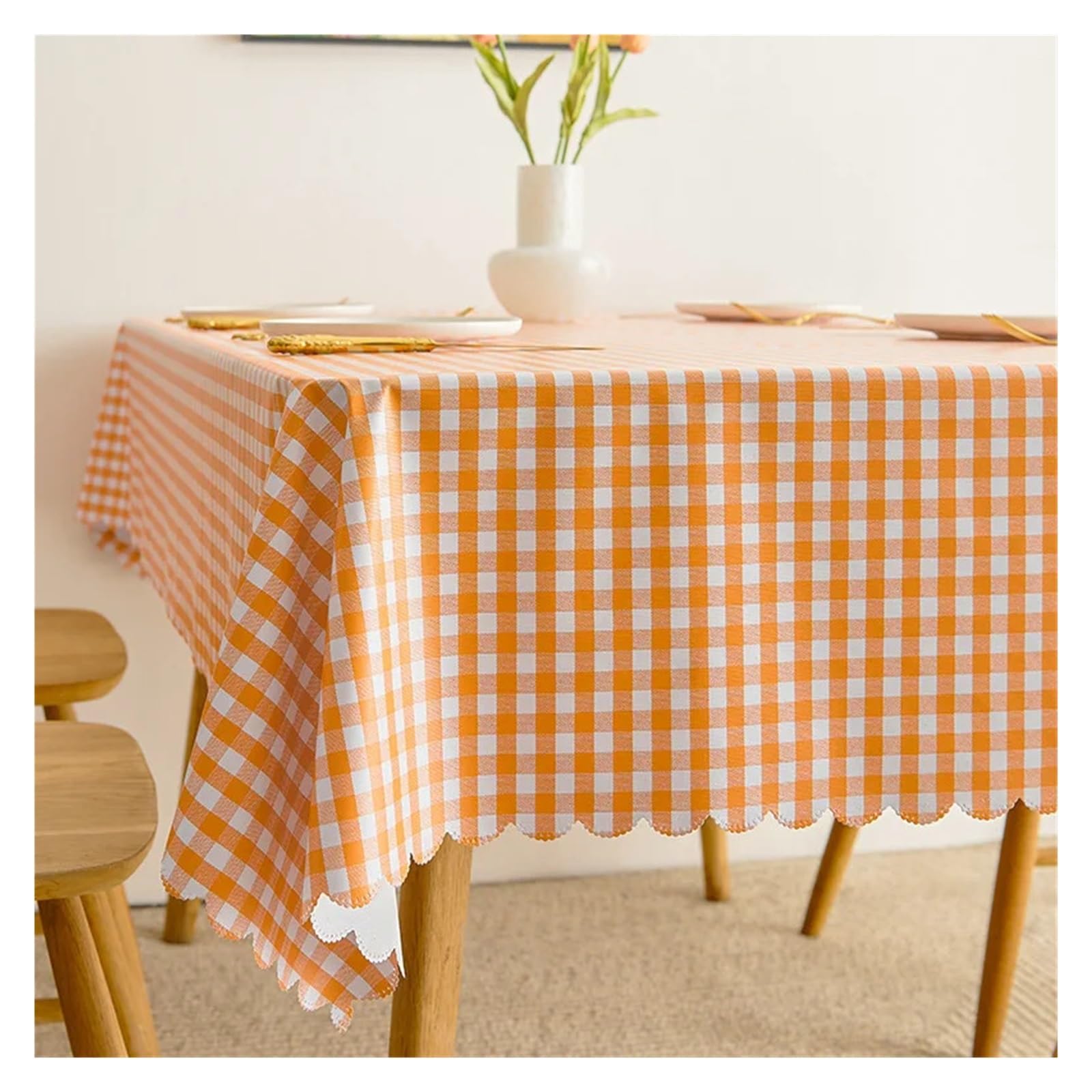 Mzsklw Orange Grid Waterproof Tablecloth Pvc Square Tablecloth Rectangle Waterproof Table Cloth Tabletop Cover Oil Proof Wipeable Covers(,140X180cm)