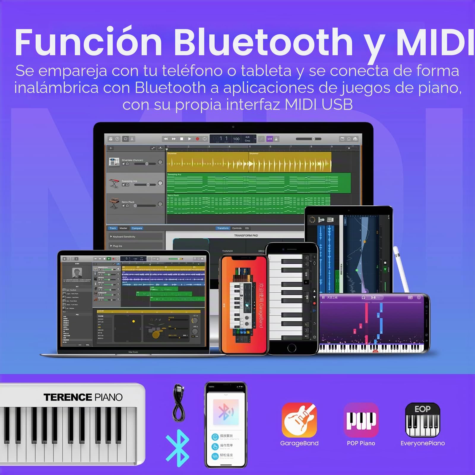 TERENCE Plegable Pianos digitales portátil con 88 teclas semi-ponderadas y batería de 1800mAh interfaz MIDI soporte para partituras bolsa adhesiva cable de audio auriculares pedal de sostenido Blanco