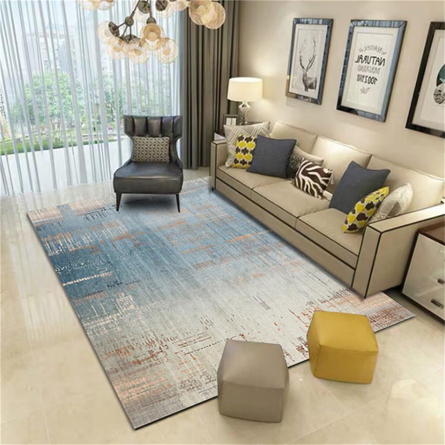 Tapis couloir chambre et salon bleu gris abstrait 130x190