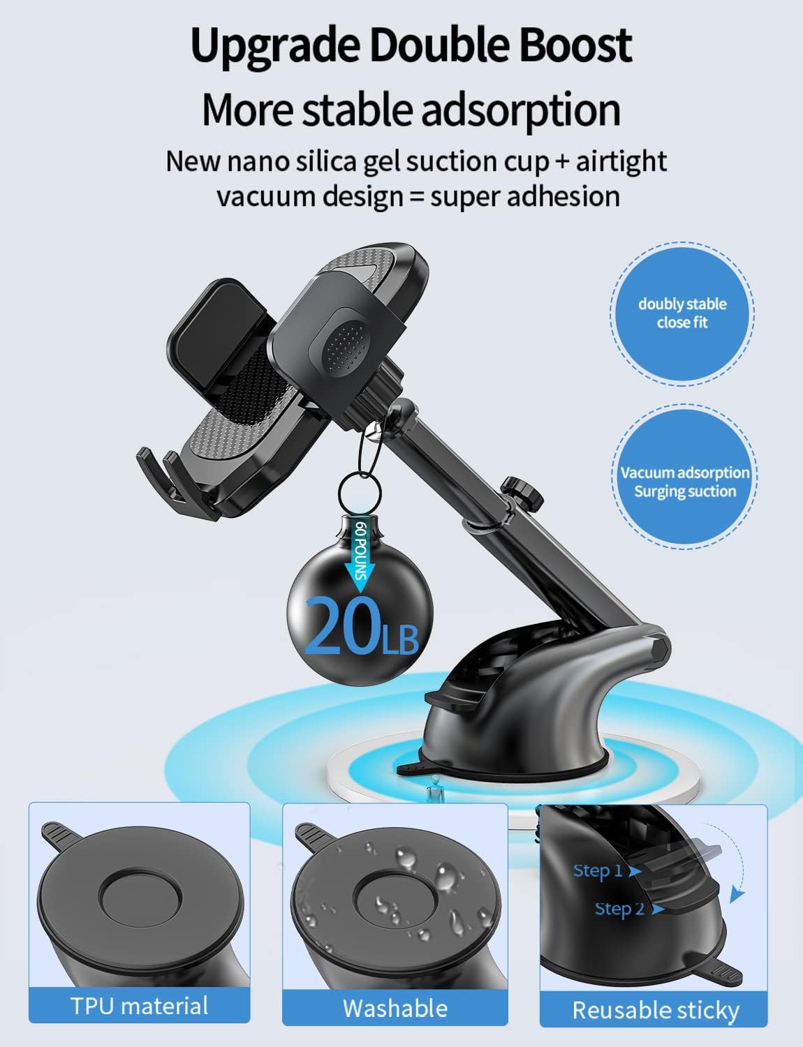 Phone Mount for Car Cell Phone Holder Dashboard Windshield Air Vent [3 in 1Upgraded Ultra-Durable Multi-Angle Adjustment Arm] Car Phone Holder Mount for All Mobile Phones