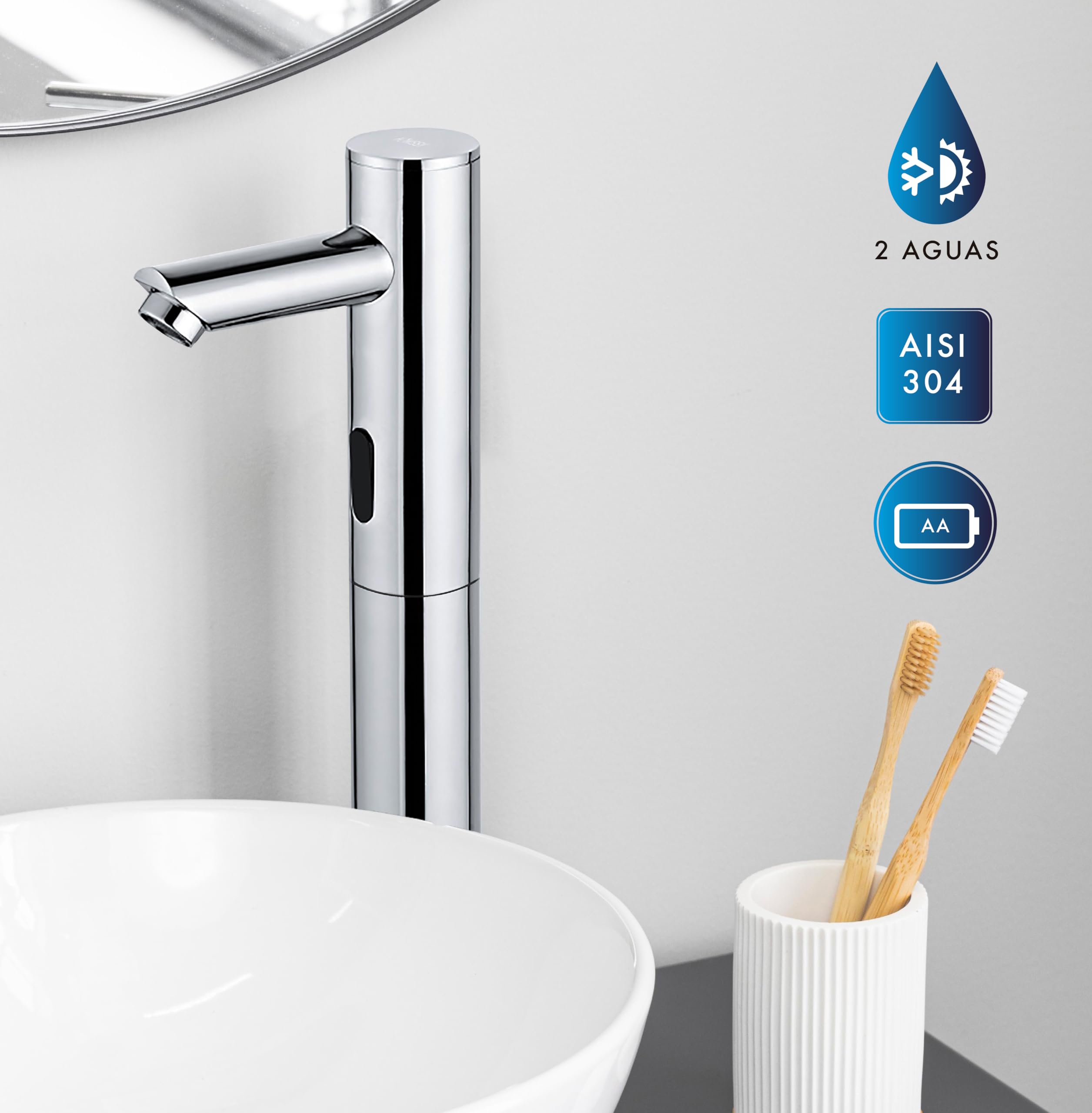 Rubinetto elettronico con sensore a infrarossi, alto e senza contatto, 2 acque con premiscelatore regolabile (calda/fredda), ottone cromato – per bagno domestico e commerciale