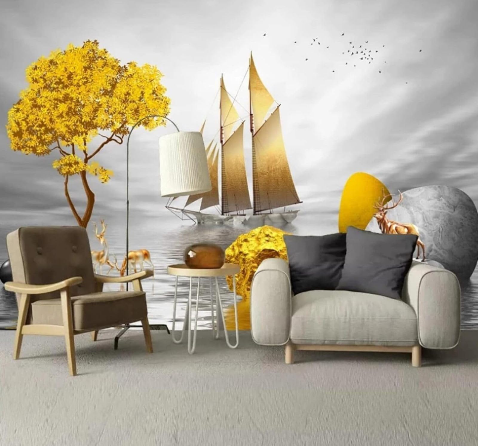 Xlming 350Cm×256Cm(B×H) Contemporary Luxury Golden Tree Reindeer Sailing Boat Landscape 3D Wallpaper Luxury Silk Study Dining Feature Sofa Grey Bedroom Living Room Tv Decorative Wall-350Cm×256Cm