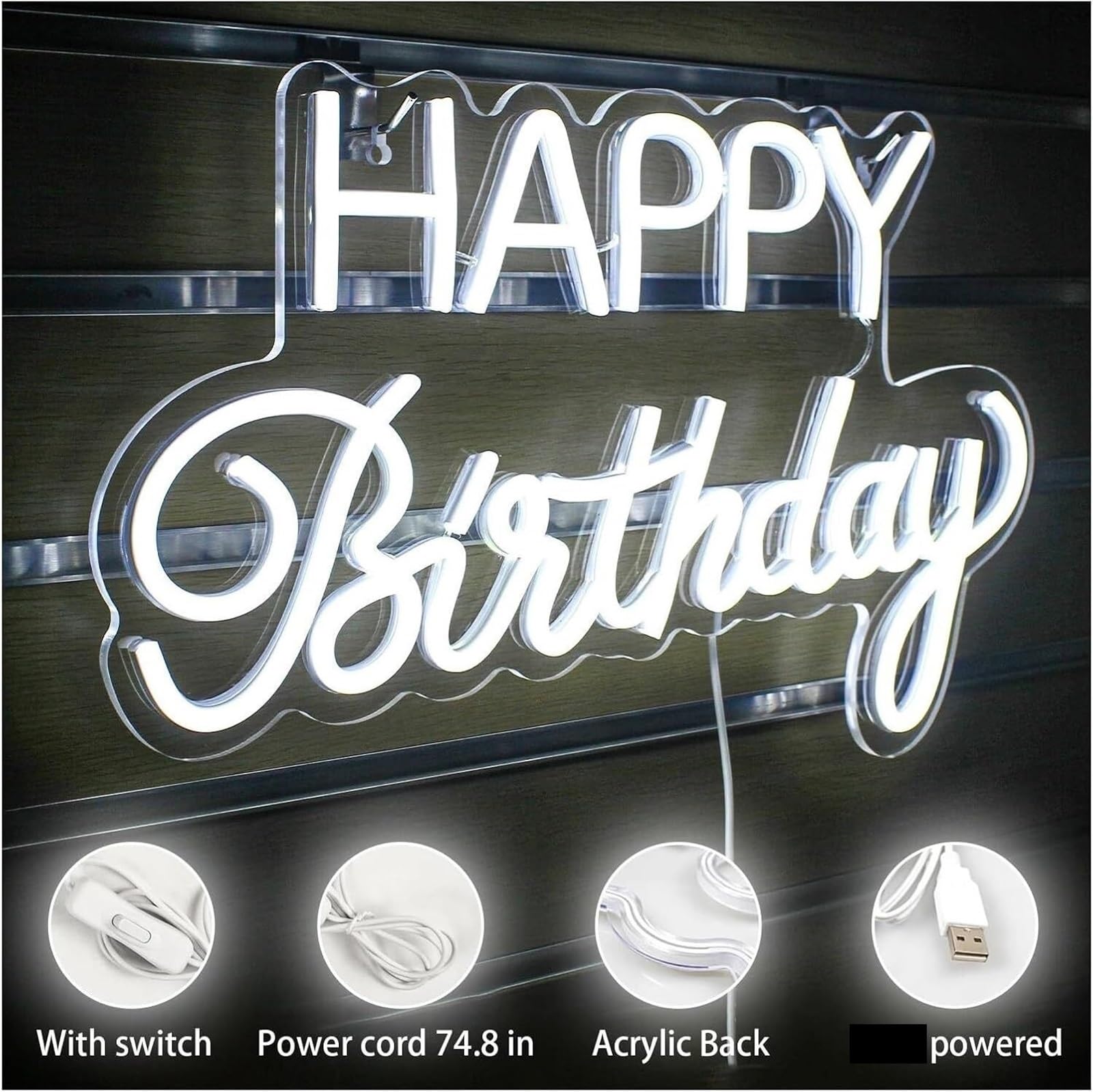 Lettere colorate per illuminazione interna, insegna al neon di buon compleanno, luci da parete per interni