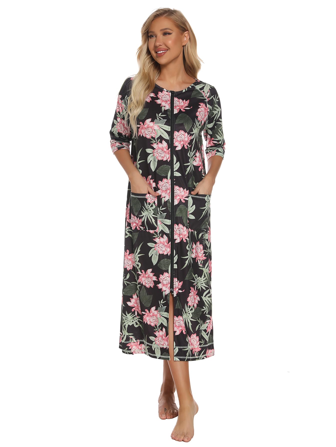 Citridarll Women Zipper Robe Long Housecoat 3/4 Sleeve Bathrobes Full Length Nightgown Loungewear with Pockets, Floral 1, XX-Large