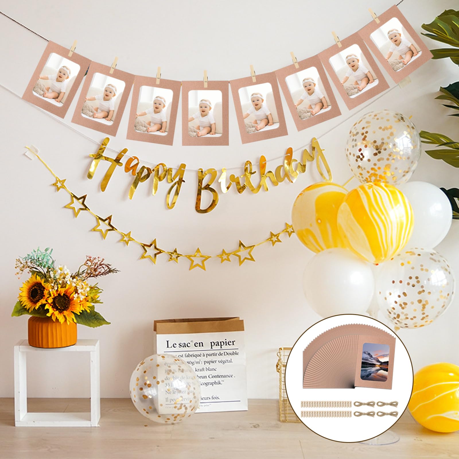 Cadres Photo en Papier 10x15 cm, Guirlande Photo 40 Pinces Bois + 4 Cordon Jute, Lignes à Photos DIY Anniversaire Mariage