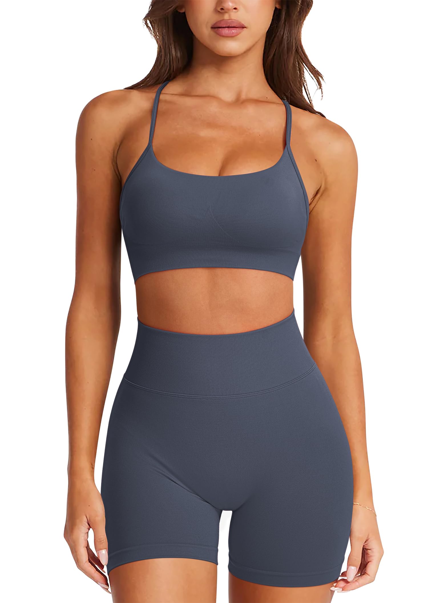 RXRXCOCO Workout Sets For Women 2 Piece Seamless Twist Back Sports Bra Butt Lifting Shorts Pilates Gym Yoga Outfits