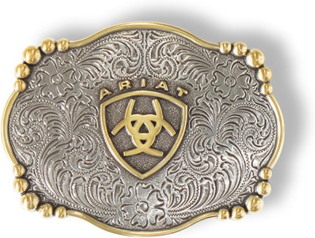 ARIAT Rectangle Buckle with Western Floral Engraving, Centered Emblem, Beaded Accents, 2-5/8" x 3-1/2" (Antique Silver)