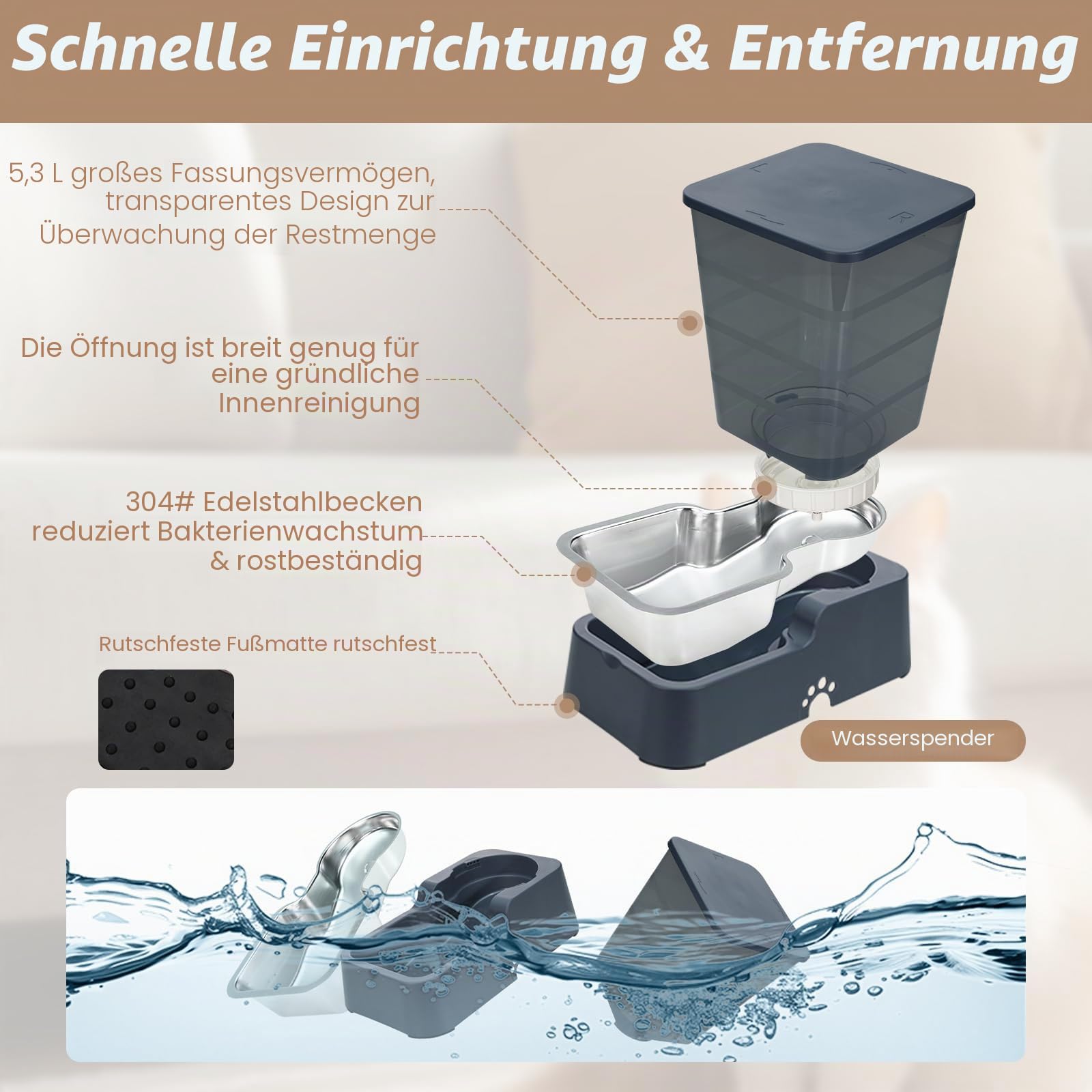 Automatisches Futter-Set für Hunde und Katzen mit Schüssel aus Edelstahl 304 und Wasserspender, geeignet für mittelgroße und große Hunde und Katzen, große Kapazität 5,3 l/1,4 Gallonen x2 (schwarzes