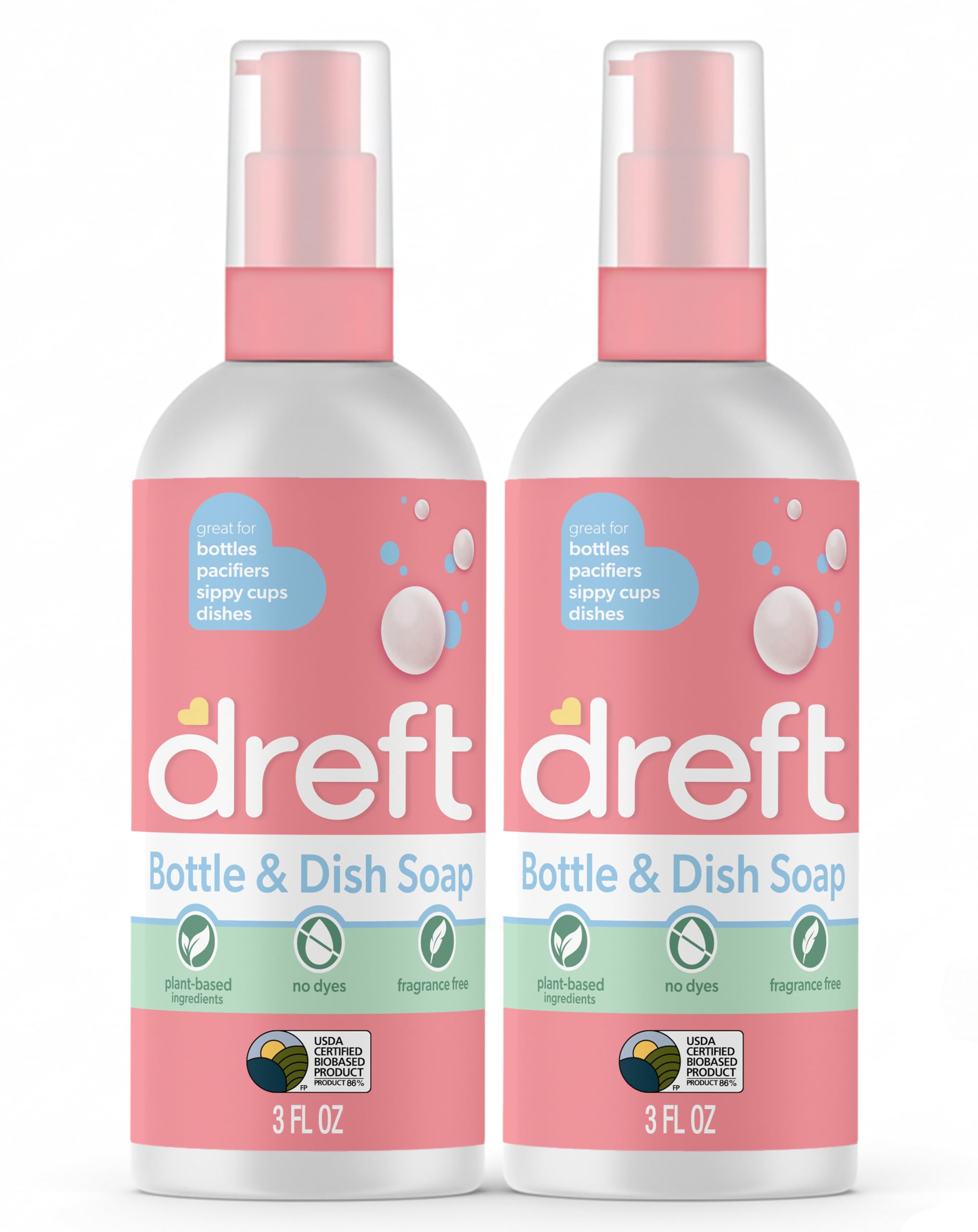DreftBottle and Dish Soap | Made to Clean Baby Bottles, Sippy Cups, Pacifiers, Breast Pumps, & More | Gently Removes Milk Film & Odors | Plant Based, Fragrance Free Dish Soap | 3 Fl Oz (Pack of 2)