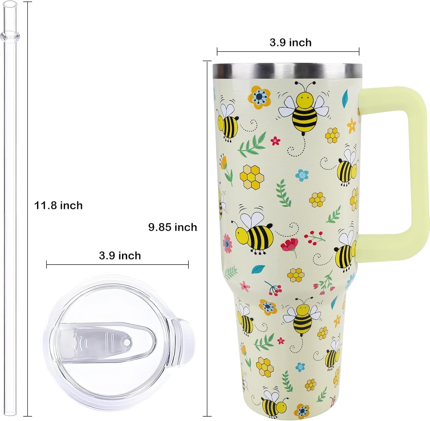 40 oz Bee Tumbler with Handle and Straw, Travel Mug Water Bottle, Stainless Steel Insulated Cup with Lid and Straw, Birthday Christmas Gifts - Image 3