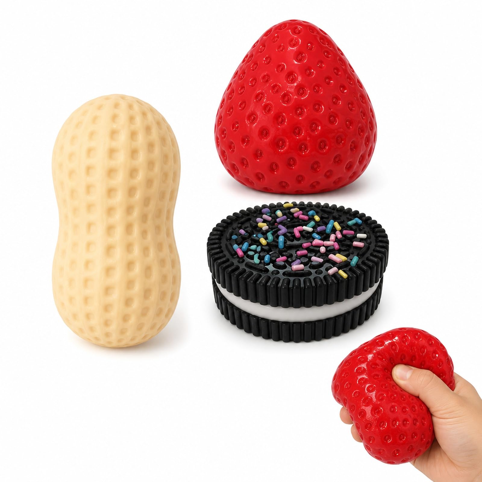 CLPKLQ 3PC Peanut Squishies, Strawberry Squishies, Soft Textured Hand Items for Daily Activities, Portable Set with Peanut Ball and Squishy Strawberry