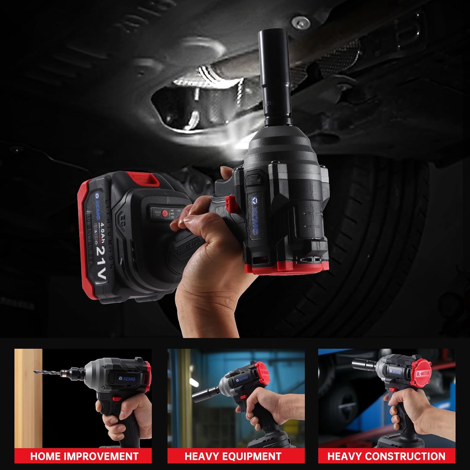 21V Cordless Impact Wrench, 1/2 Inch, 350N·M Maximum Torque, 3300RPM, Two 4.0AH Lithium Batteries, with Plastic Case and Accessories