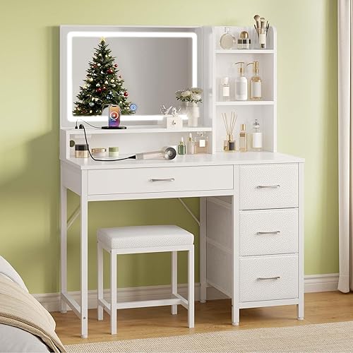 Greenstell Vanity Desk with Mirror and Lights, Makeup Vanity Table with Upholstered Stool, 4 Drawers & 3 Storage Shelves, Power Outlet, 3 Adjustable Lighting Modes for Bedroom and Dressing Room, White