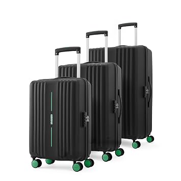 American Tourister Cleva S|3 Pcs Set|360° 8 Wheel Travel Luggage|Hard Case Polypropylene (PP) Suitcase|Mounted TSA Lock|Black/Aura Green