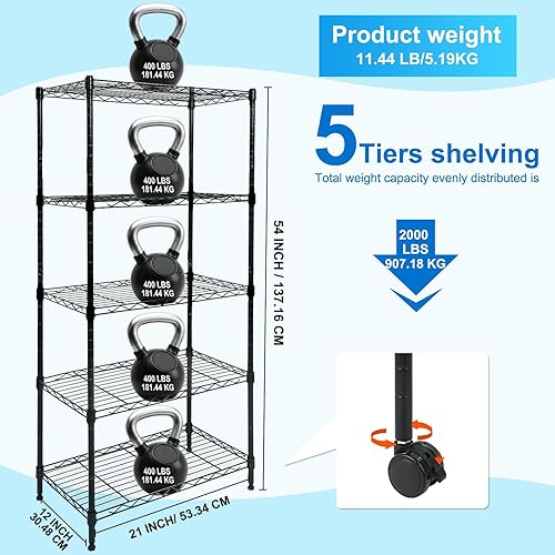 Miniatura 3 de Whitmor 5 Tier Shelving Unit, Adjustable Storage Shelves with Wheels, Wire Shelving, 400 lbs Capacity per Shelf, Max 2000 lbs Total for Laundry,