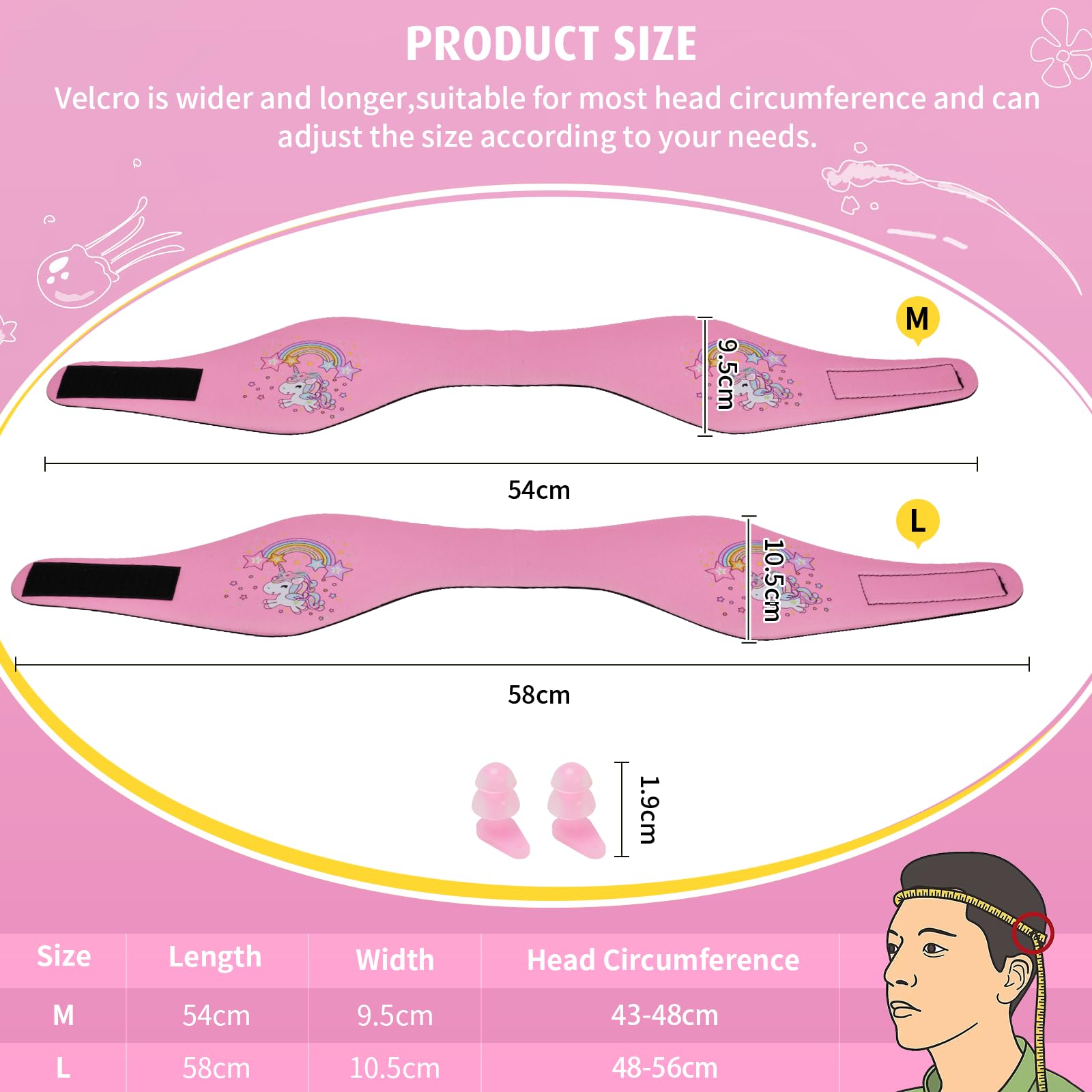 Elastica Fascia da Nuoto per Bambini, Fascia di Protezione per Orecchi da Nuoto, con Tappi per Orecchie, per Surf Sportiva Doccia (Rosa, M)