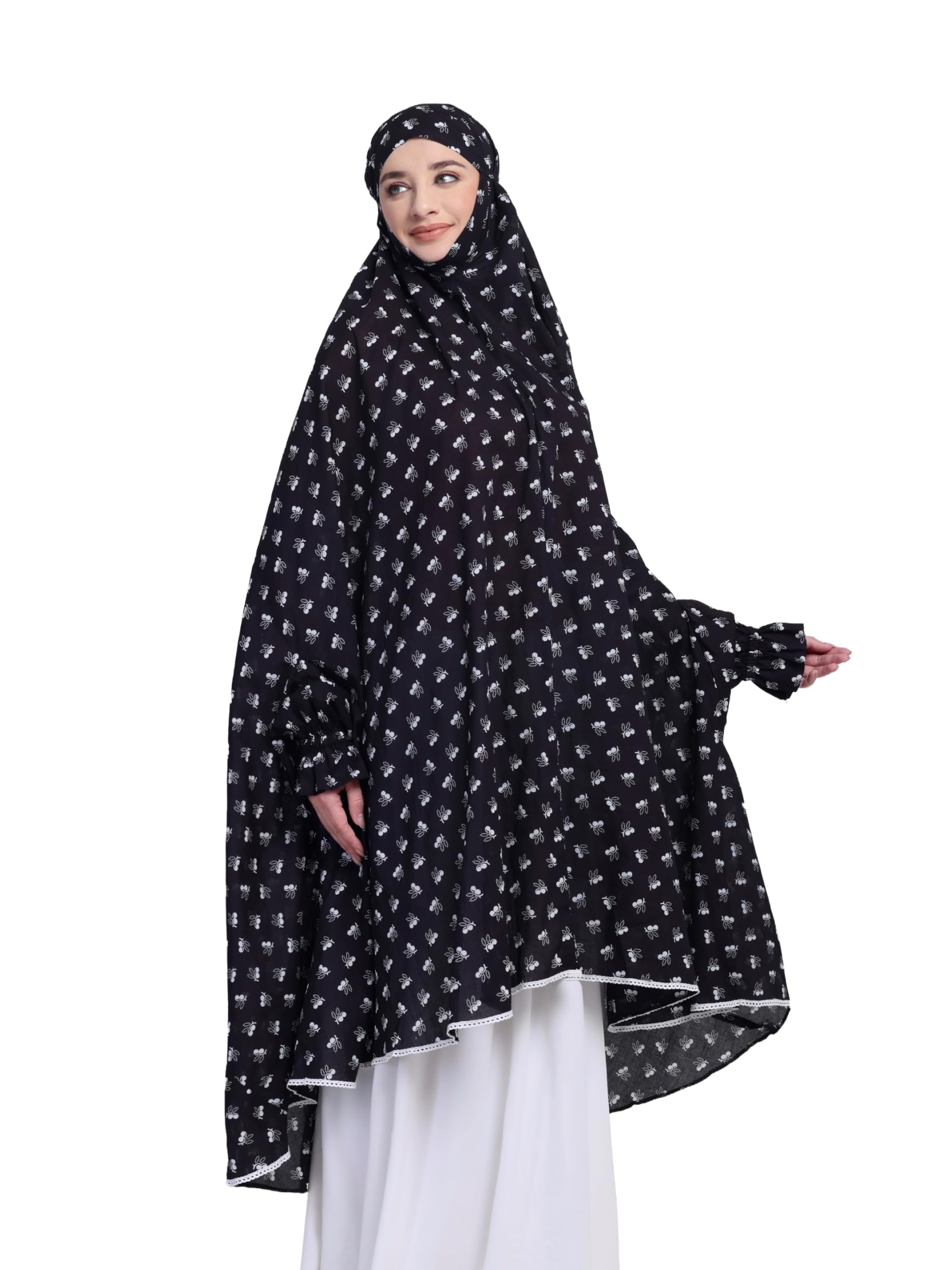 ANA Azka Black Floral Prayer Dress – Pure Cotton Namaz Makhna with Tie Knot | Lightweight, Breathable for Hajj, Umrah & Salah-image-10