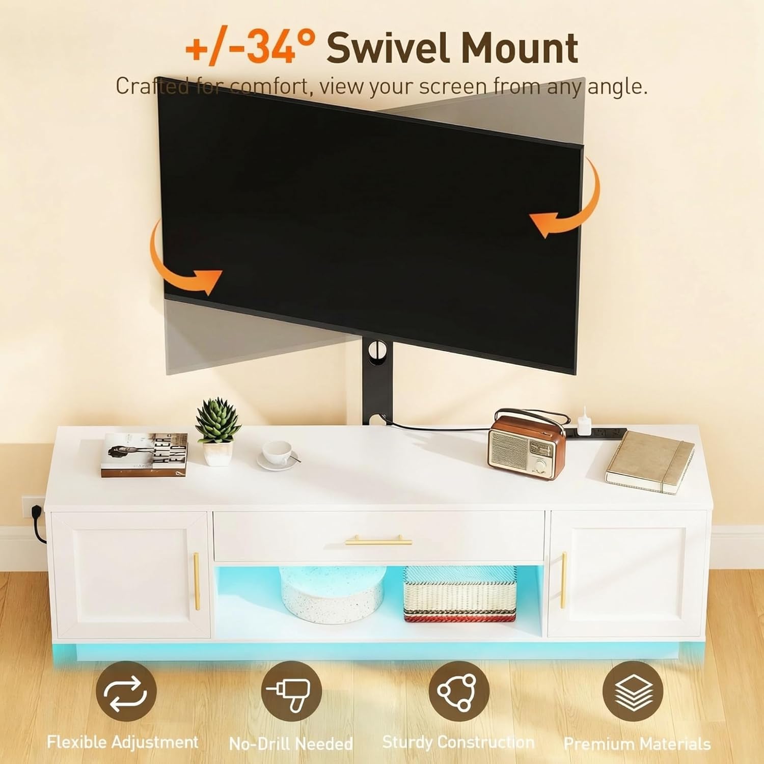 RALGEND 59" Modern TV Stand with Mount and Power Outlet, Swivel TV Stand for 32/55/65/75 inch TVs, Height Adjustable LED Entertainment Center, Media TV Console Table for Living Room, Bedroom, White